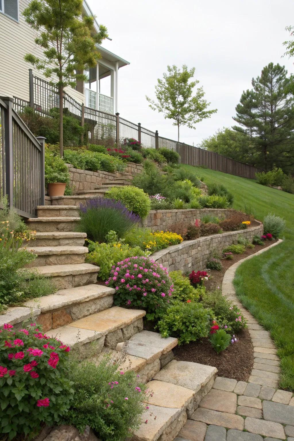 Terraced plantings adding dimension and beauty to sloped property edges.