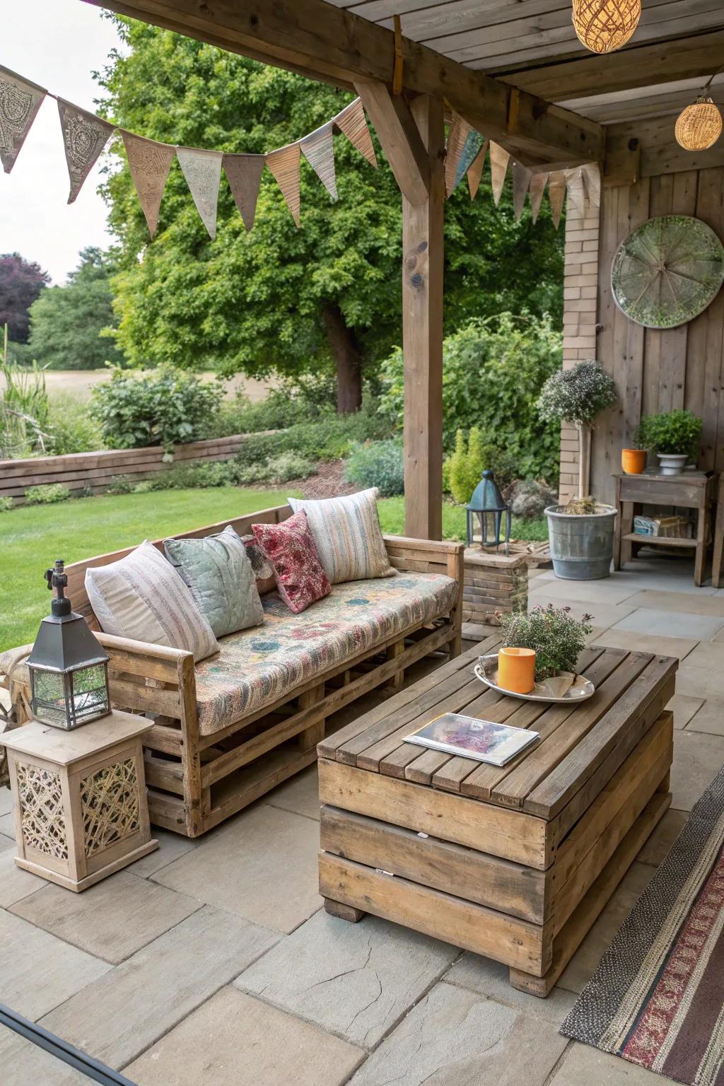 Upcycled materials create unique and eco-friendly decor.