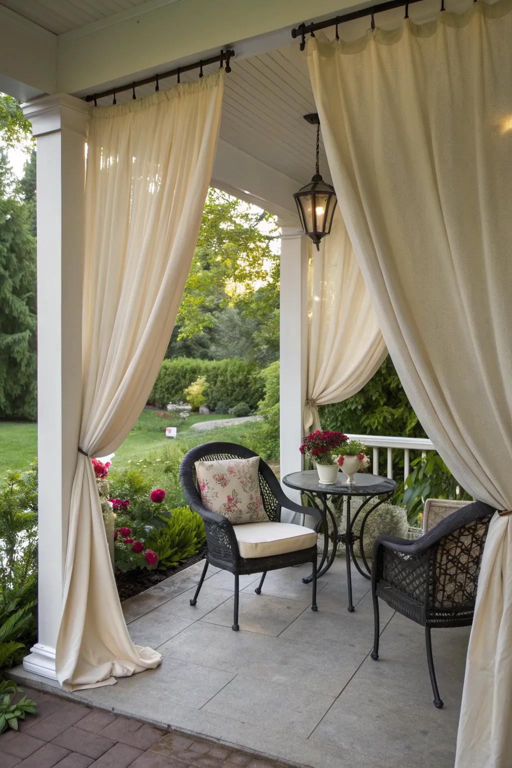 Outdoor curtains provide privacy and elegance on a shabby chic porch.