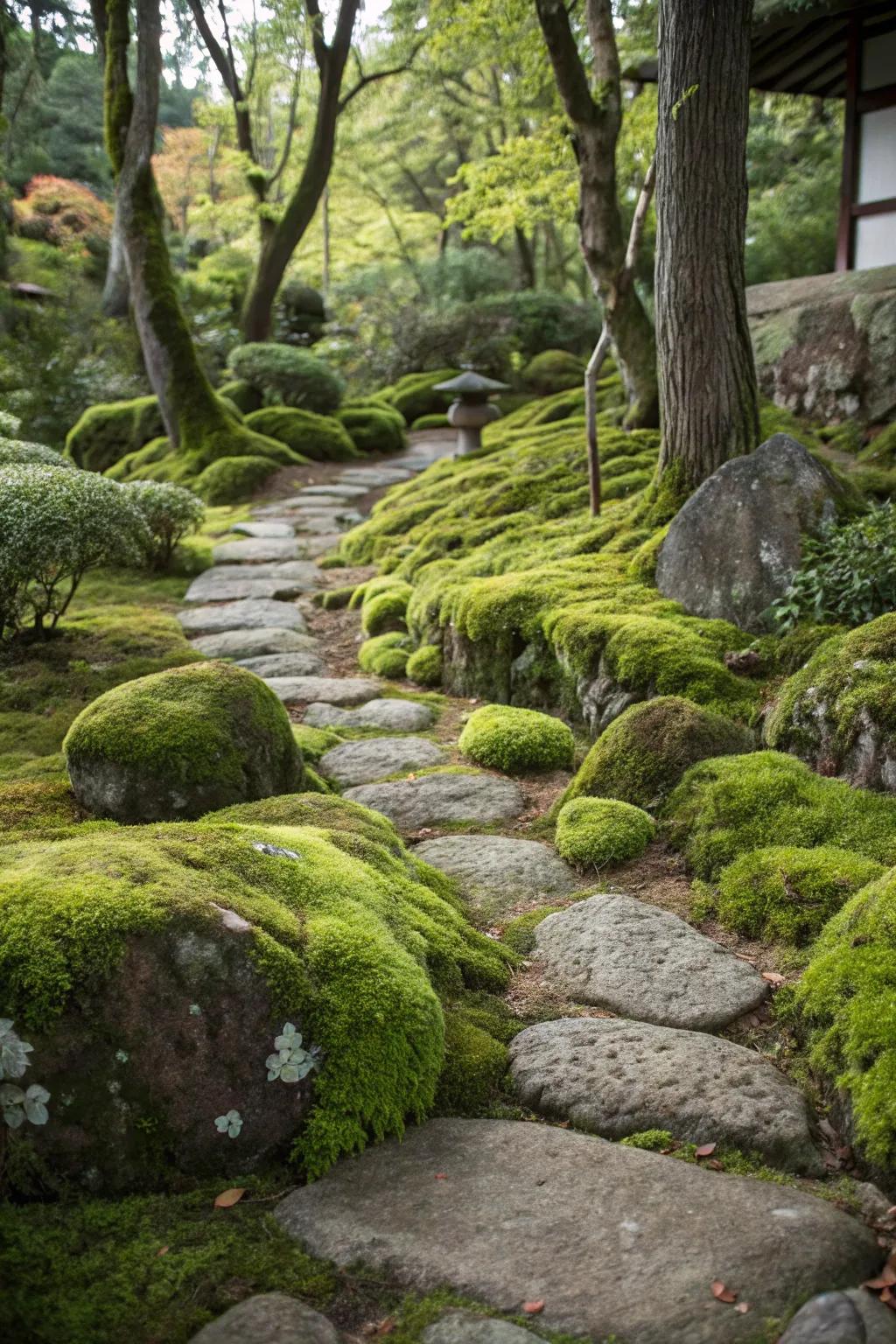 Moss adds a soft, velvety touch to rock gardens.