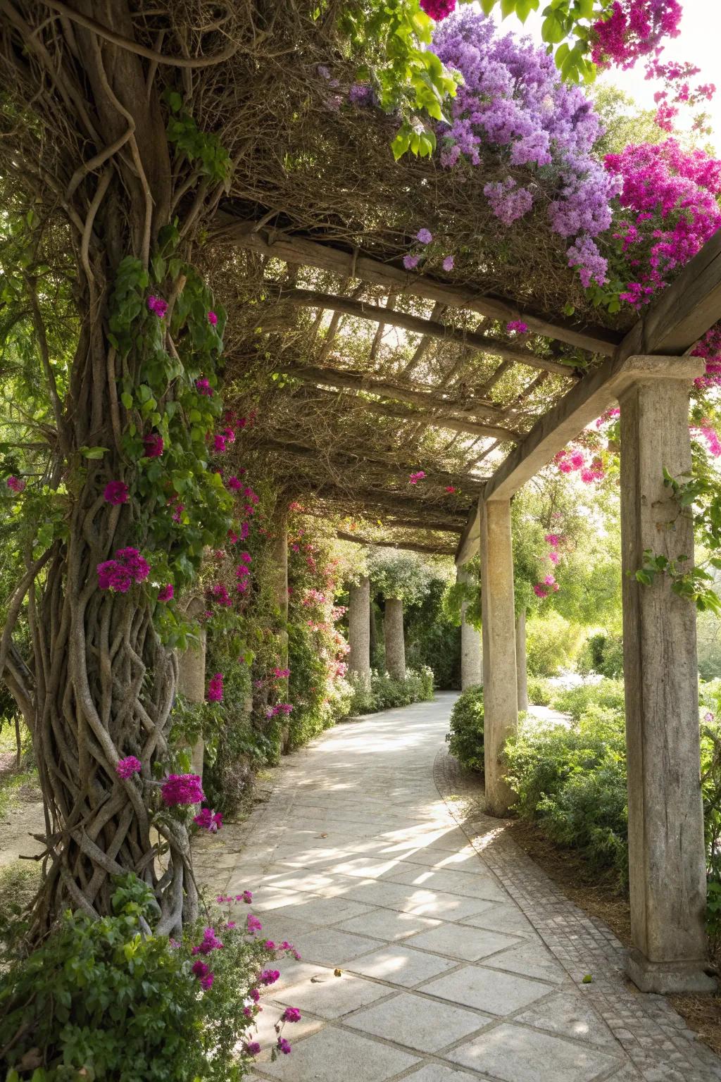Planted pergolas create living canopies that offer natural shade and beauty.