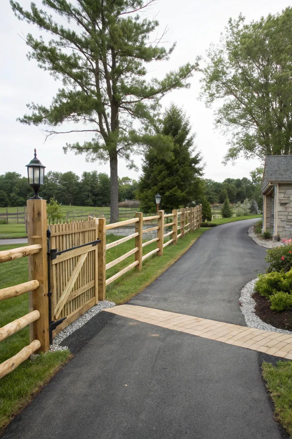 Split rail fences with gates offer charm and practicality.