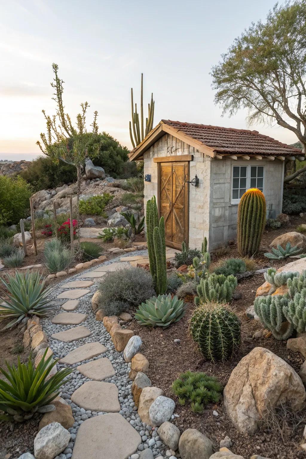 Rock gardens add texture and interest, enhancing your she shed's landscape.