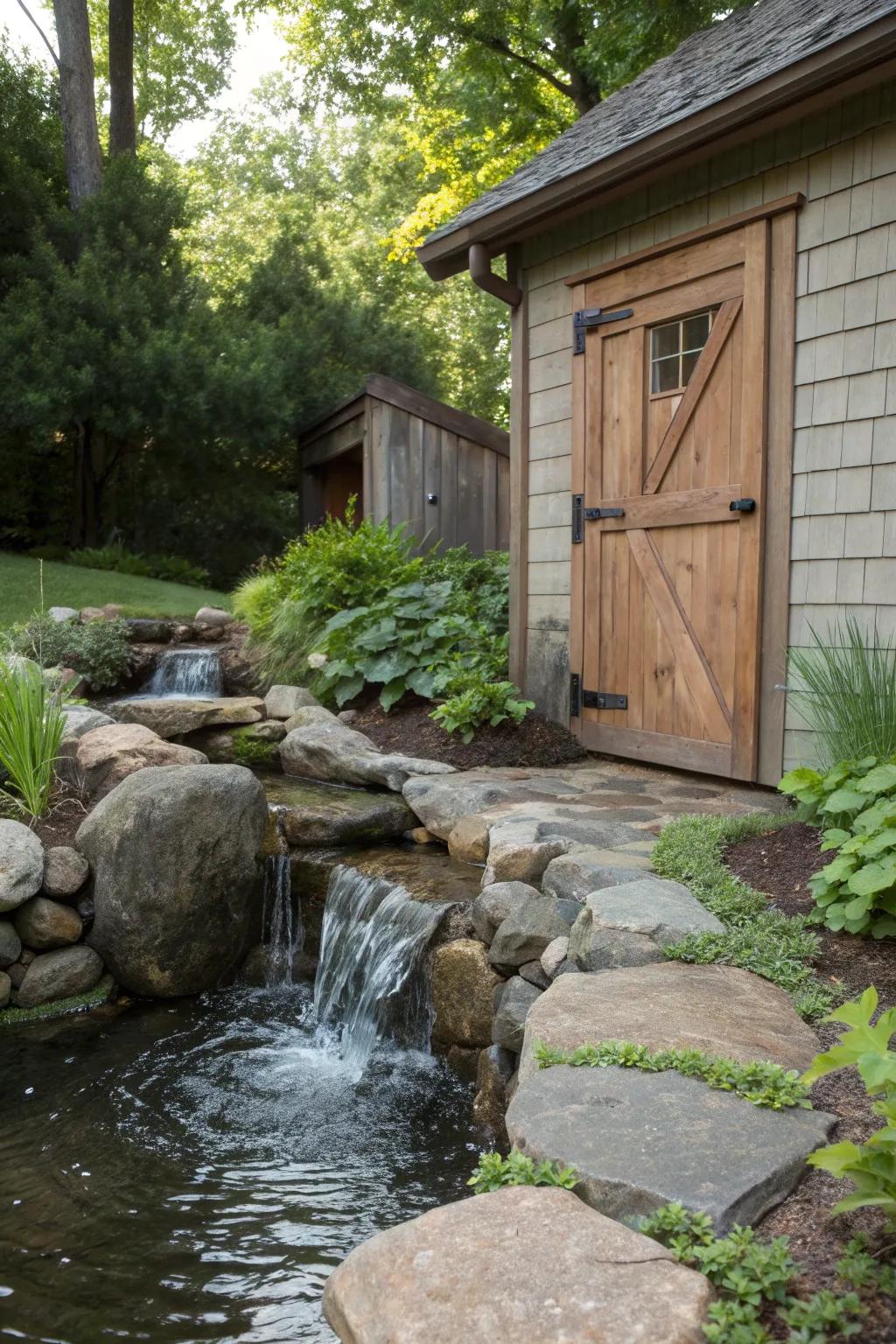 A water feature that adds tranquility and charm to your shed.
