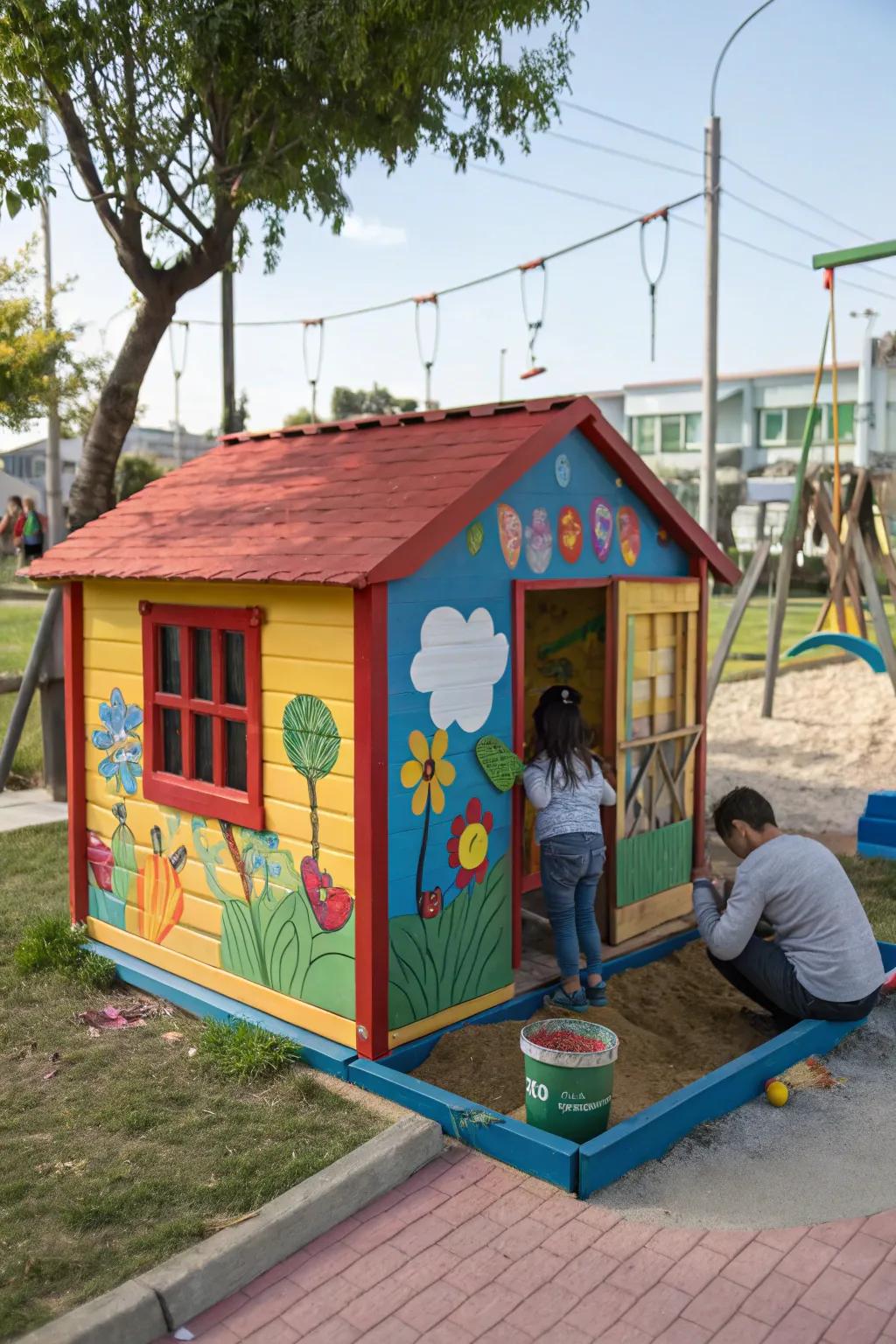 A shed turned into a delightful playhouse for kids.