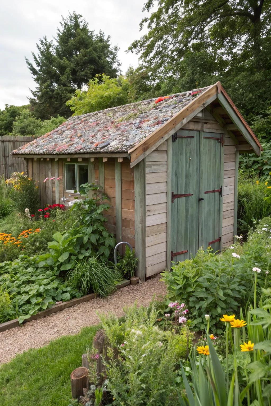 Sustainable shed roof made from recycled materials.