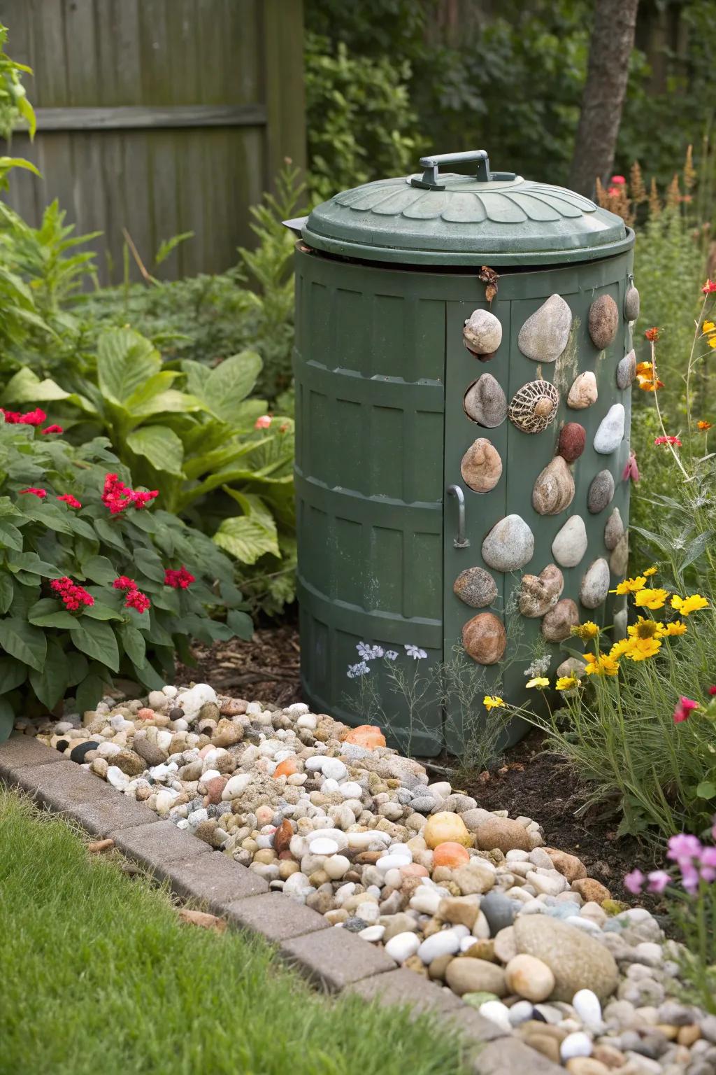 Add character to your garden with a seashell-decorated compost bin.