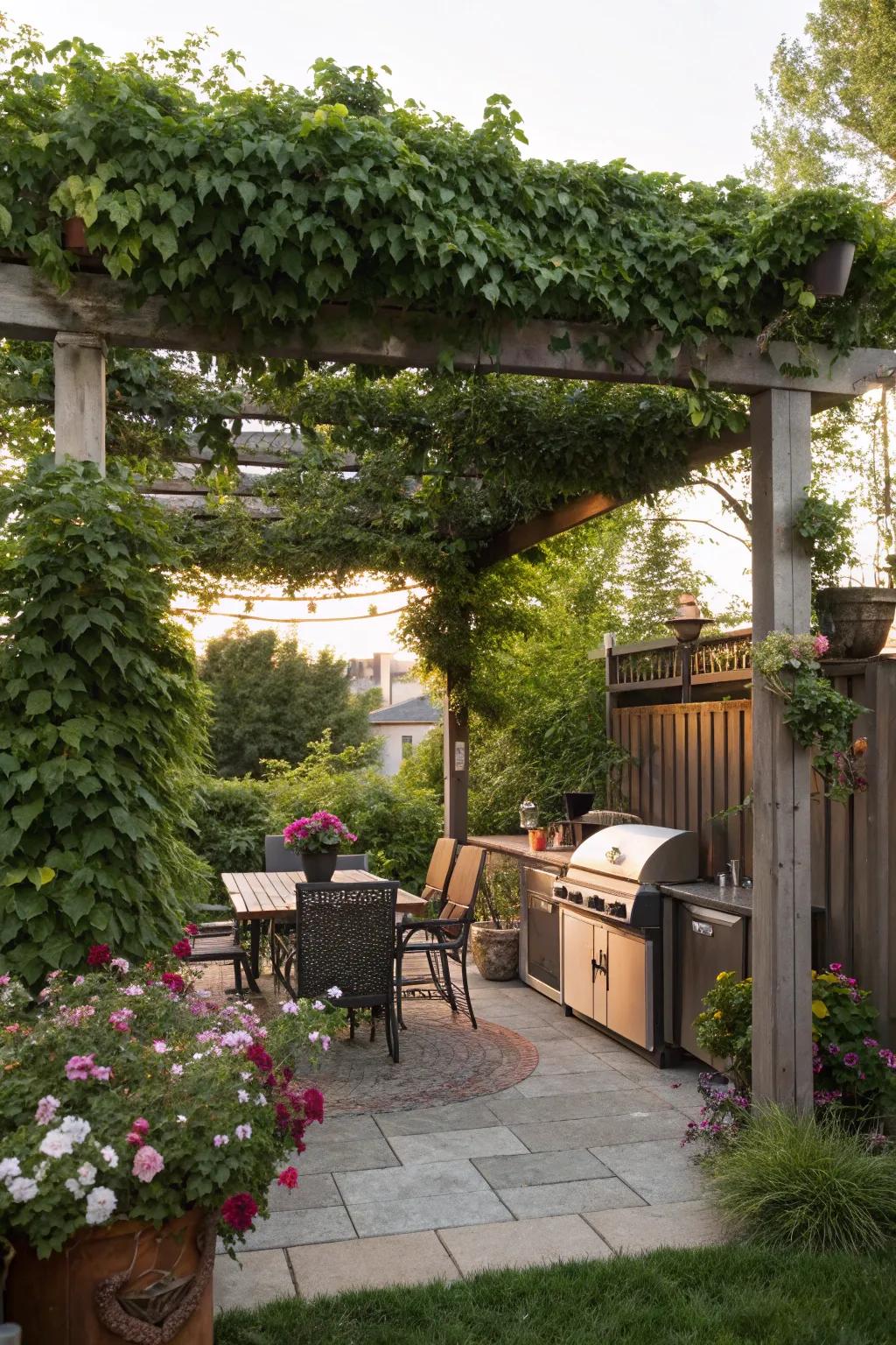 Climbing plants transform a pergola into a green oasis.