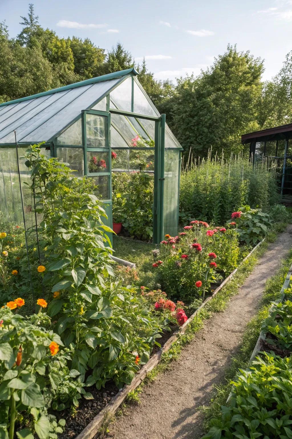 A pop-up greenhouse doubles as a garden shelter.