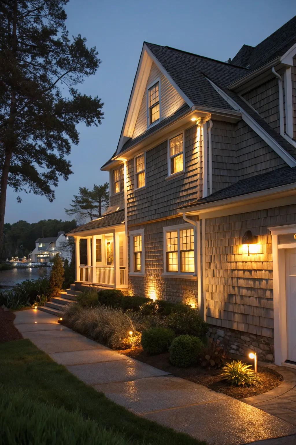 Dramatic effect with shingle siding lighting.
