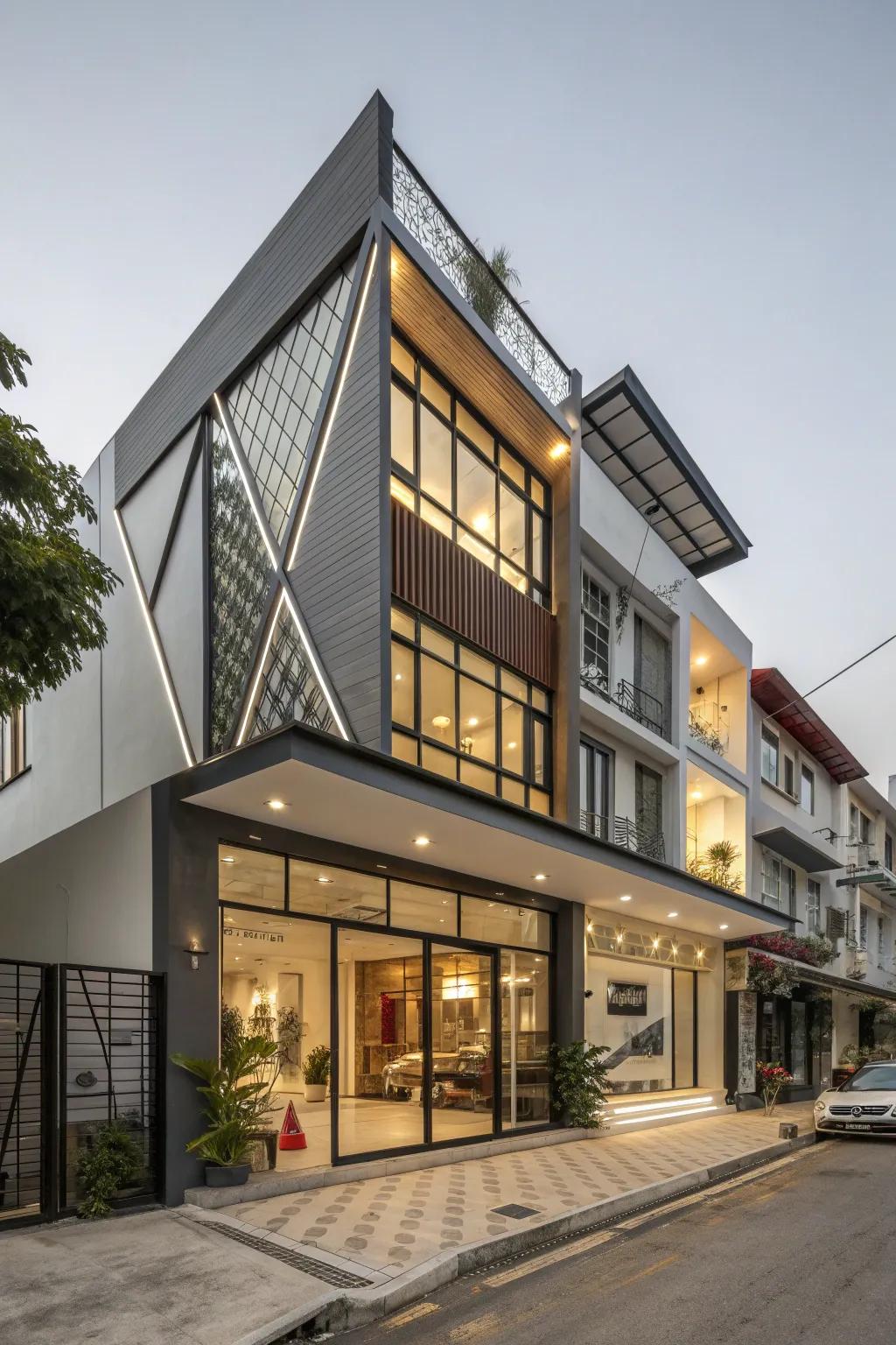 Asymmetrical designs offer a modern twist to shop house exteriors