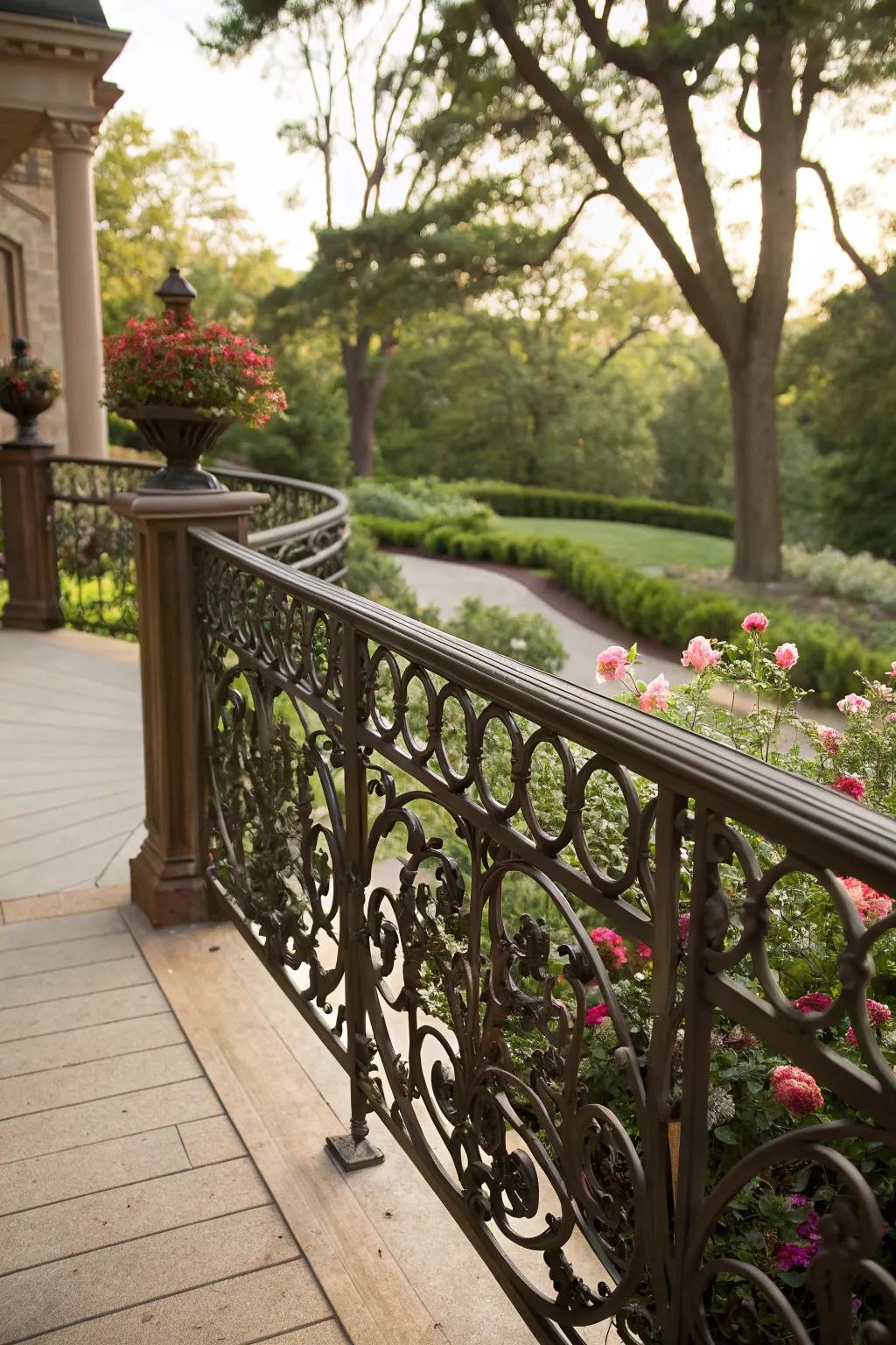 Wrought iron railings add elegance and artistic flair.