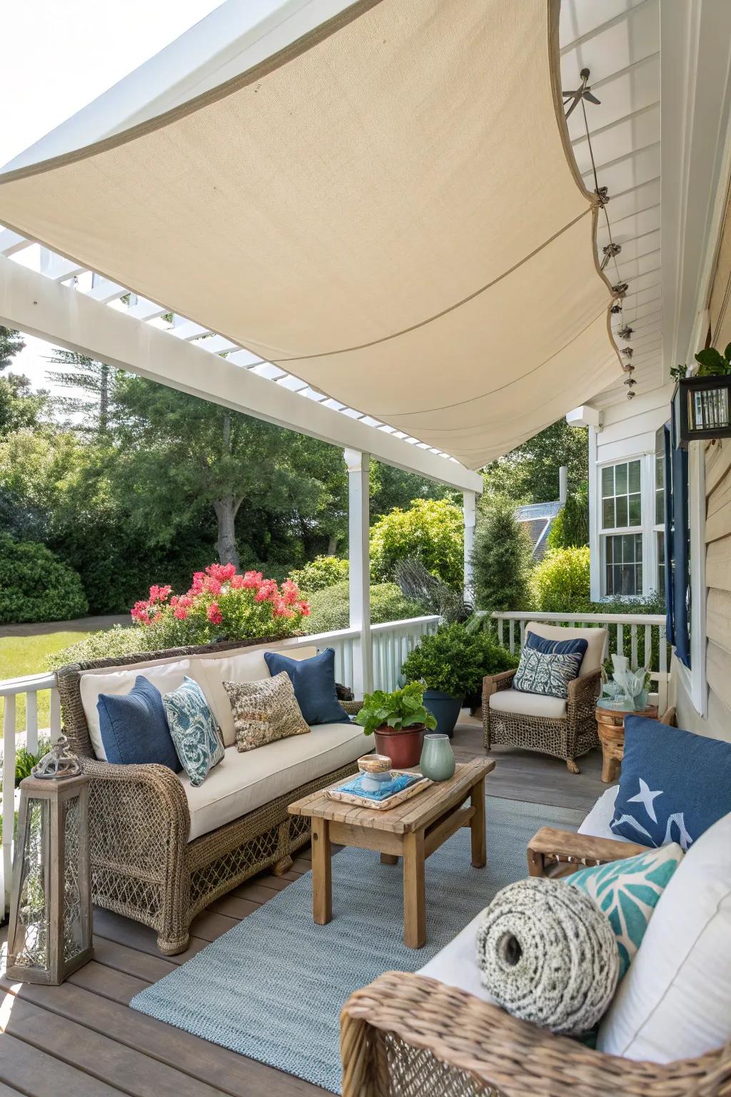 Canvas sail shades create a casual, beachy vibe.