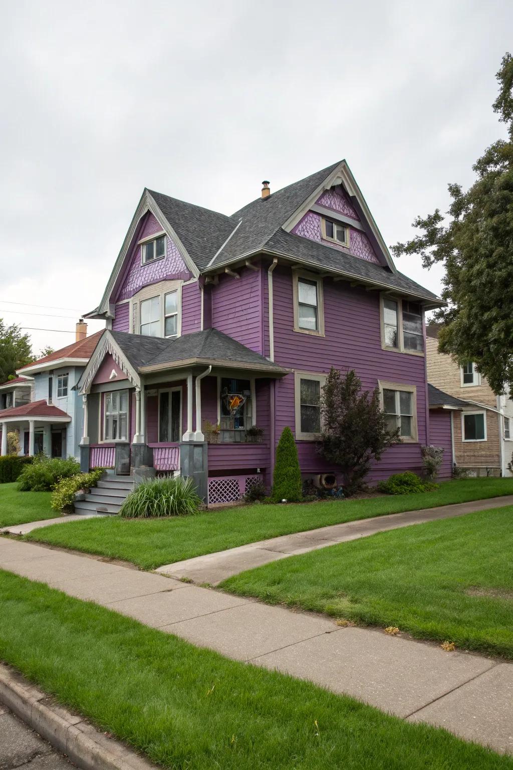 Purple siding with gray trim offers an unexpected and creative touch.