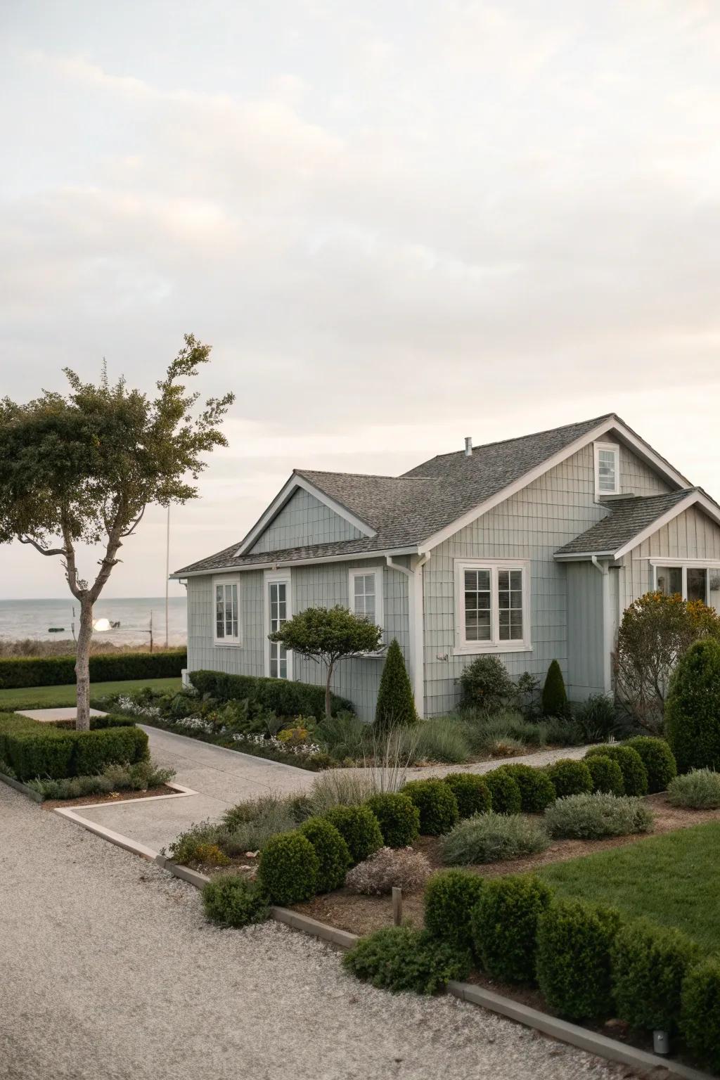 Neutral gray siding exudes timeless elegance in this serene setting.