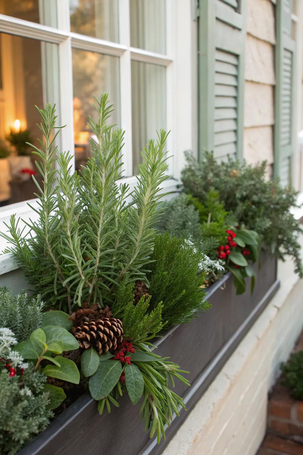 Fragrant herbs like rosemary add a delightful aroma to holiday displays.