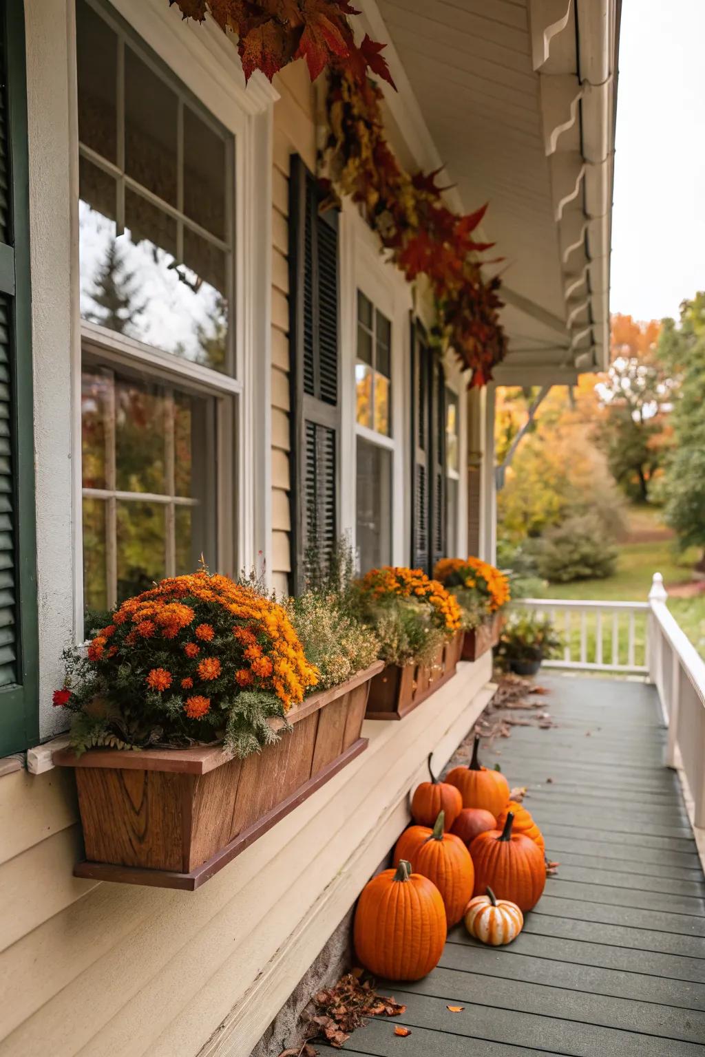 Window boxes filled with fall elements extend the decor.