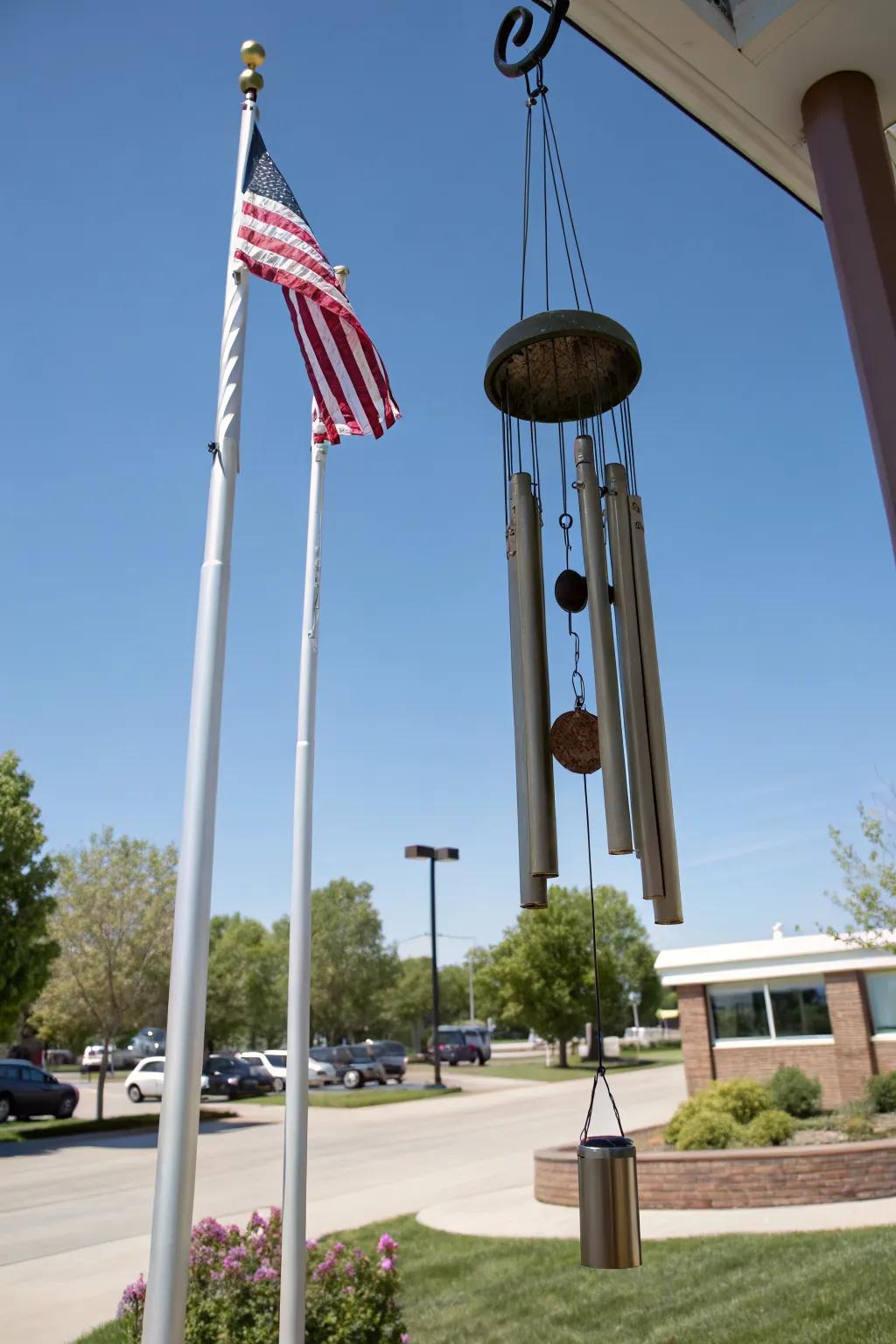 Wind chimes add an auditory element to your flagpole's charm.