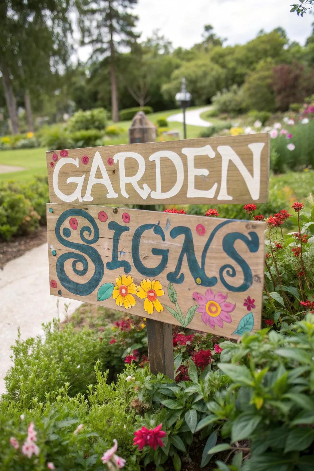 Handmade garden signs adding personality to the space.