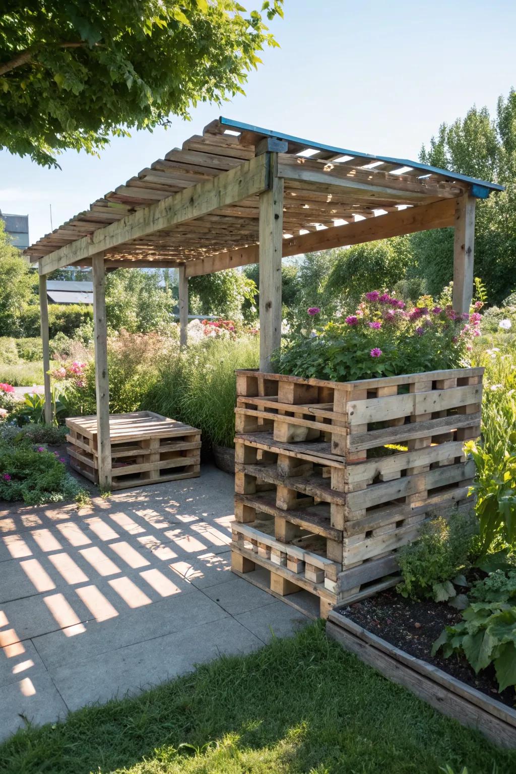 A pallet shade structure provides relief and style in sunny gardens.