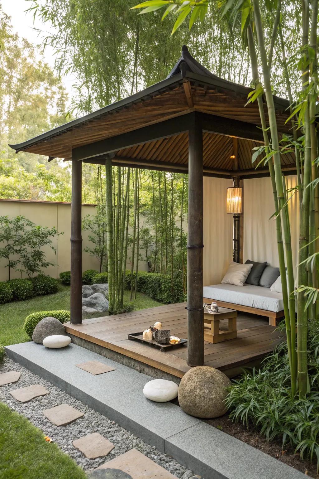 A Zen-inspired gazebo offers a tranquil retreat for relaxation.