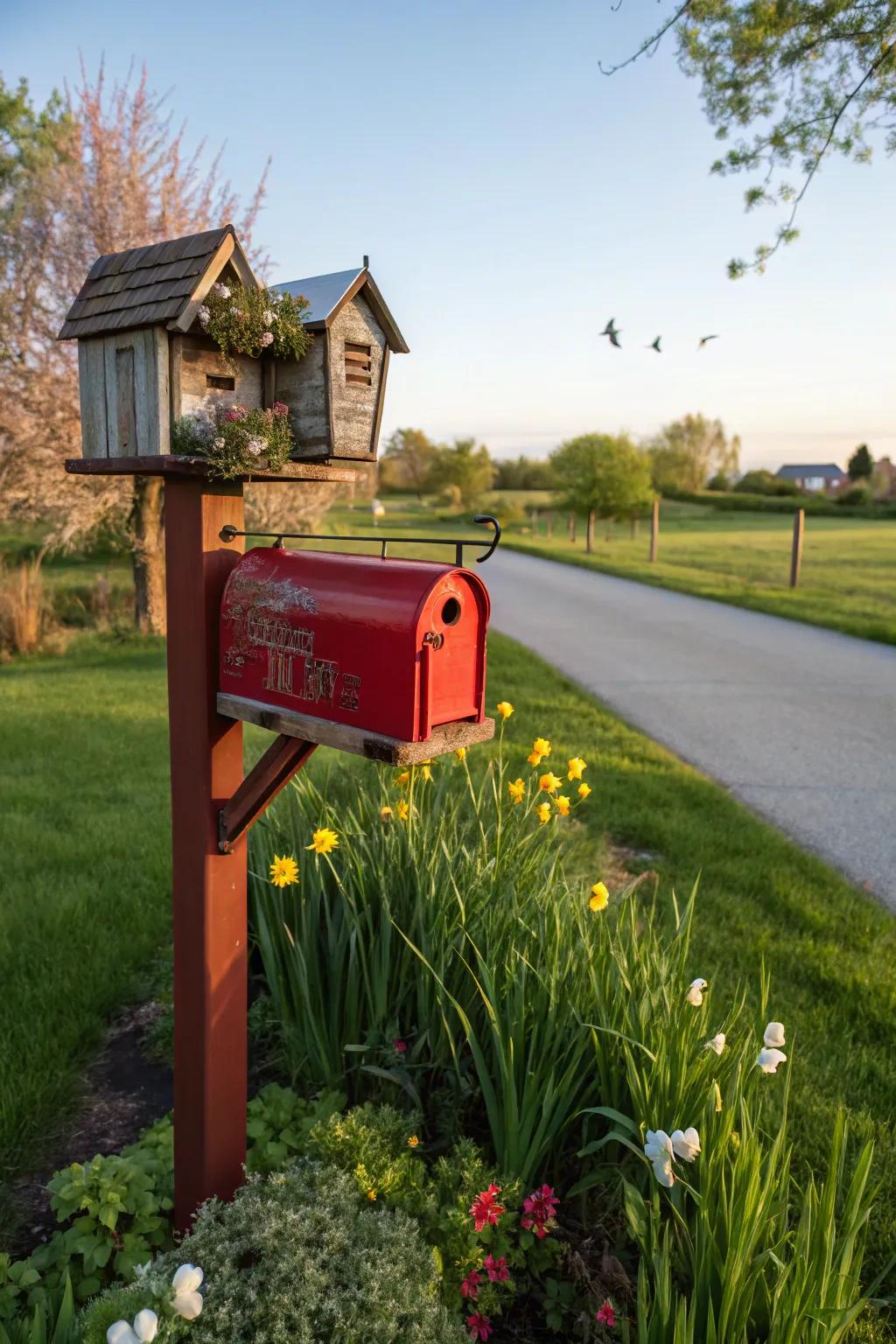 A bird-friendly mailbox landscape with an attached birdhouse.