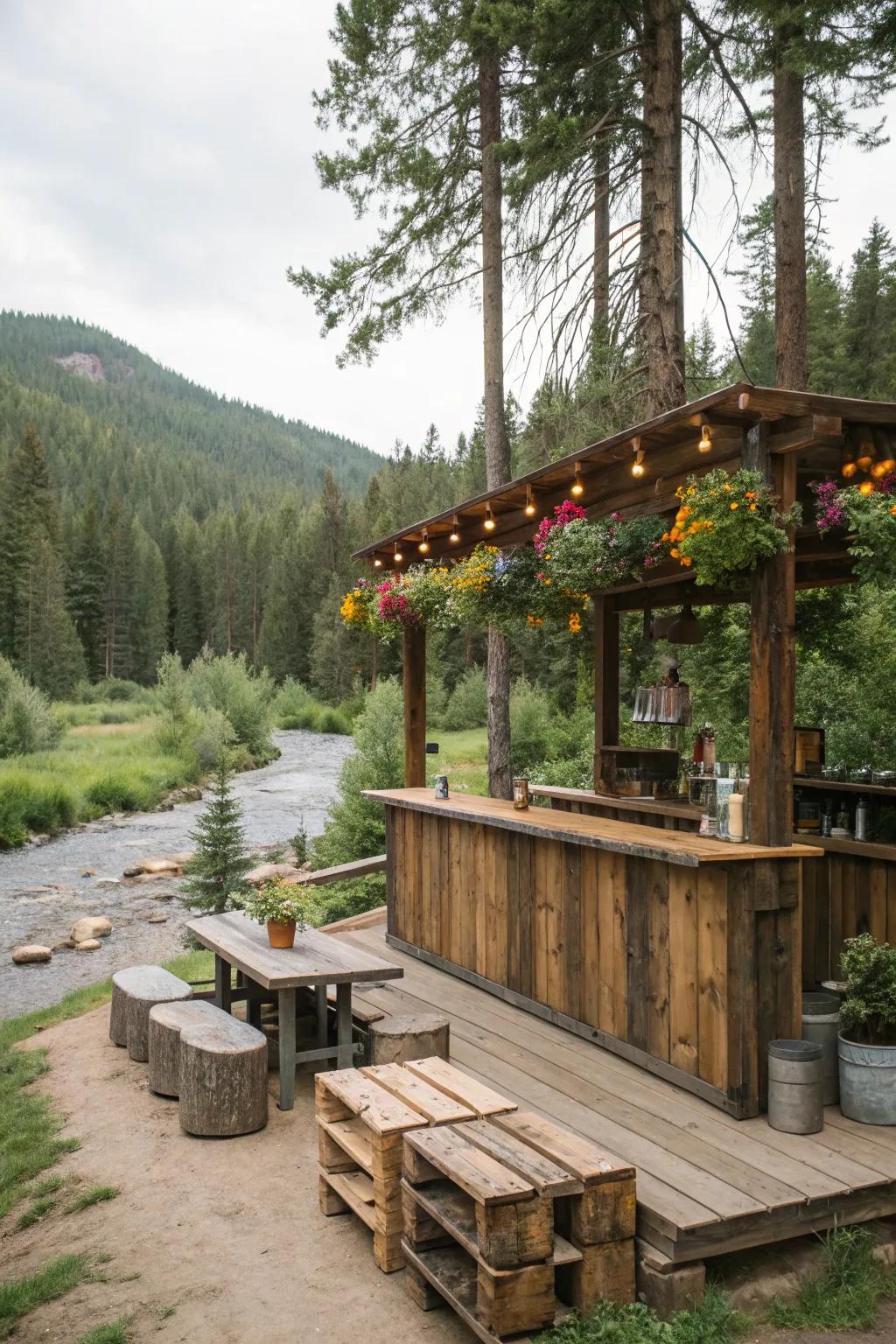 An eco-friendly bar crafted from recycled materials, blending beautifully with nature.