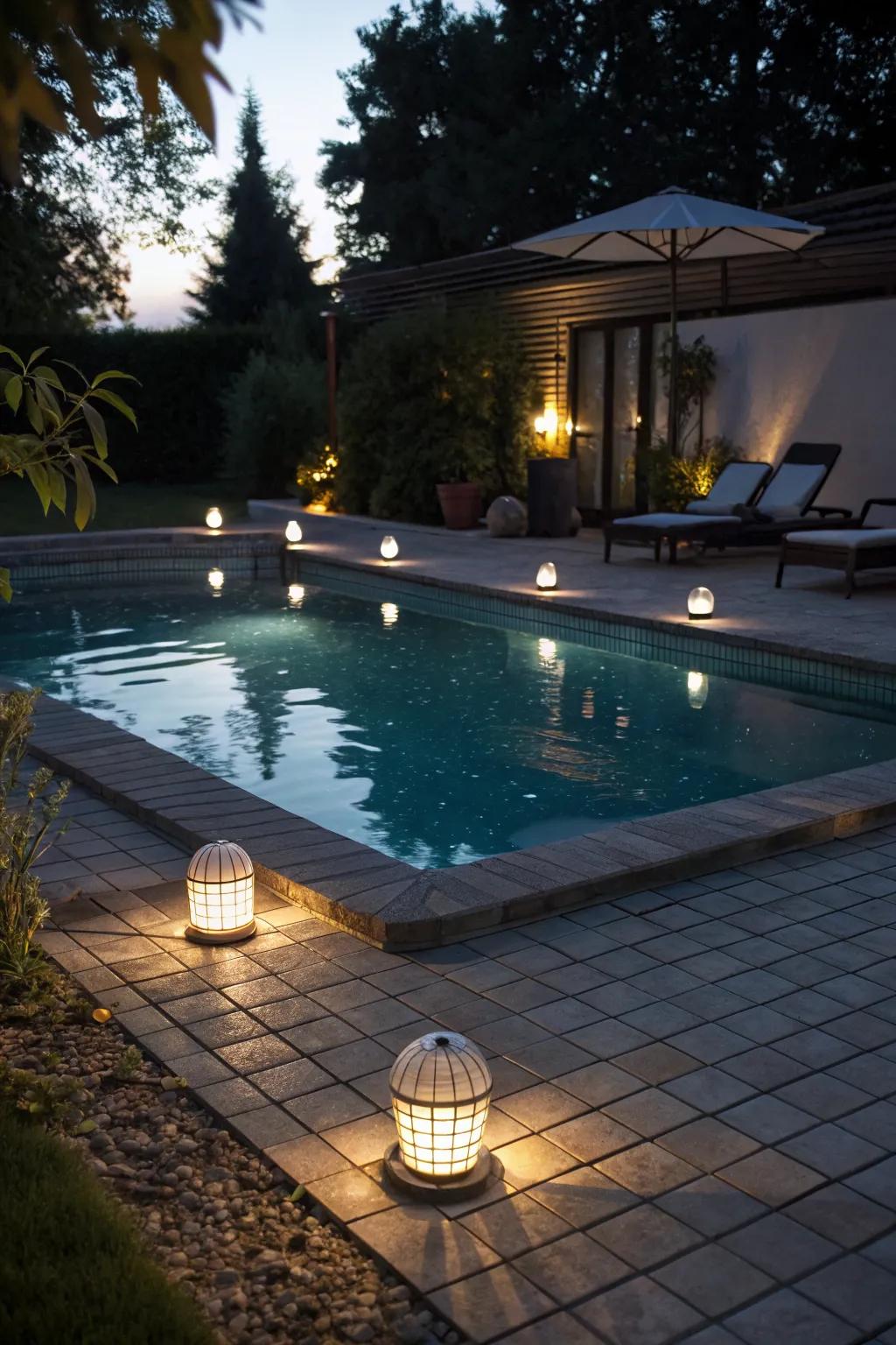 Eco-friendly solar lighting creating a warm glow around the pool.