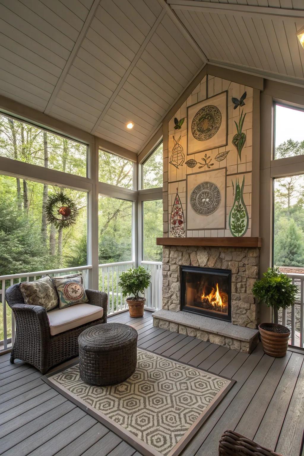 Artistic wall features personalize this screened porch.