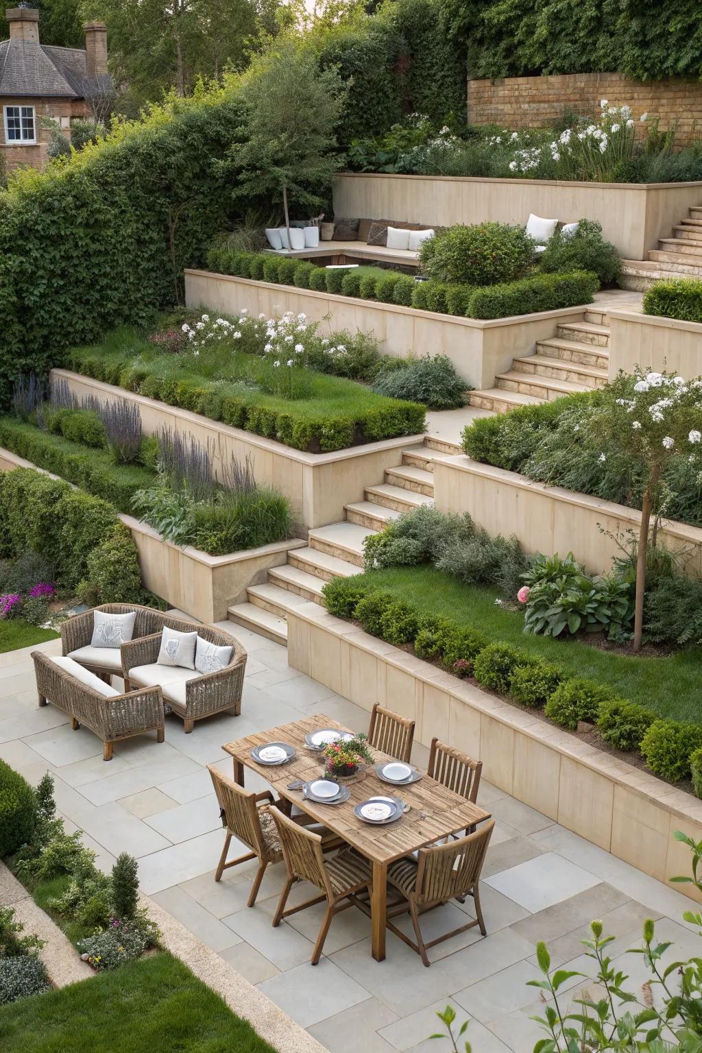 Garden zones clearly defined by tiered levels.