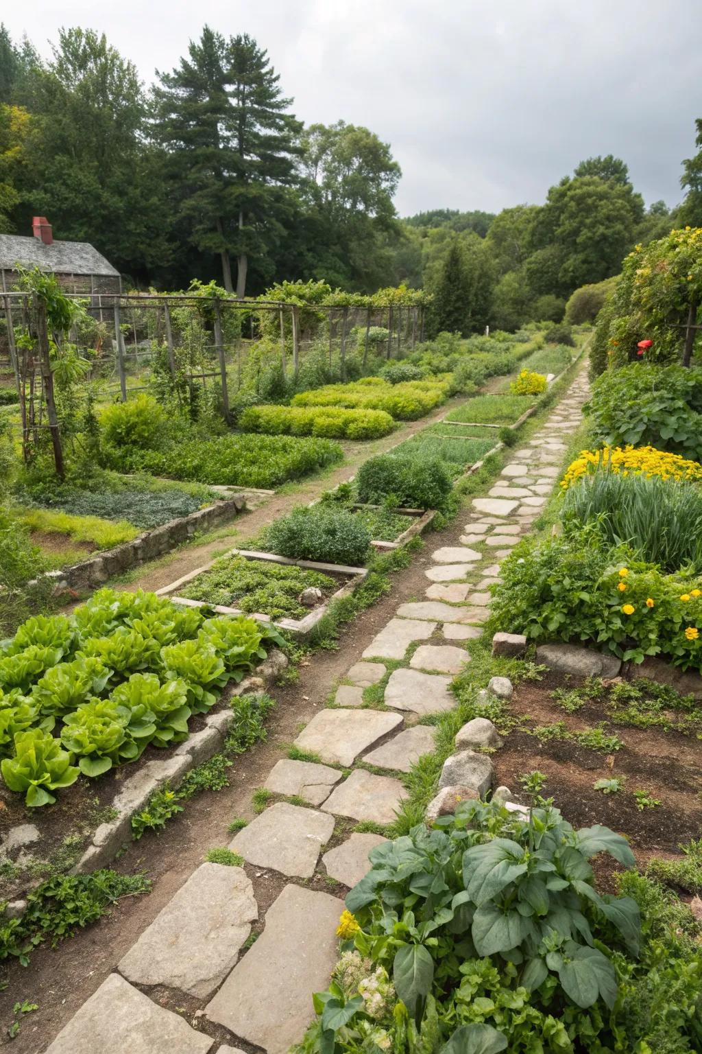 Charming pathways create a structured and inviting garden layout.