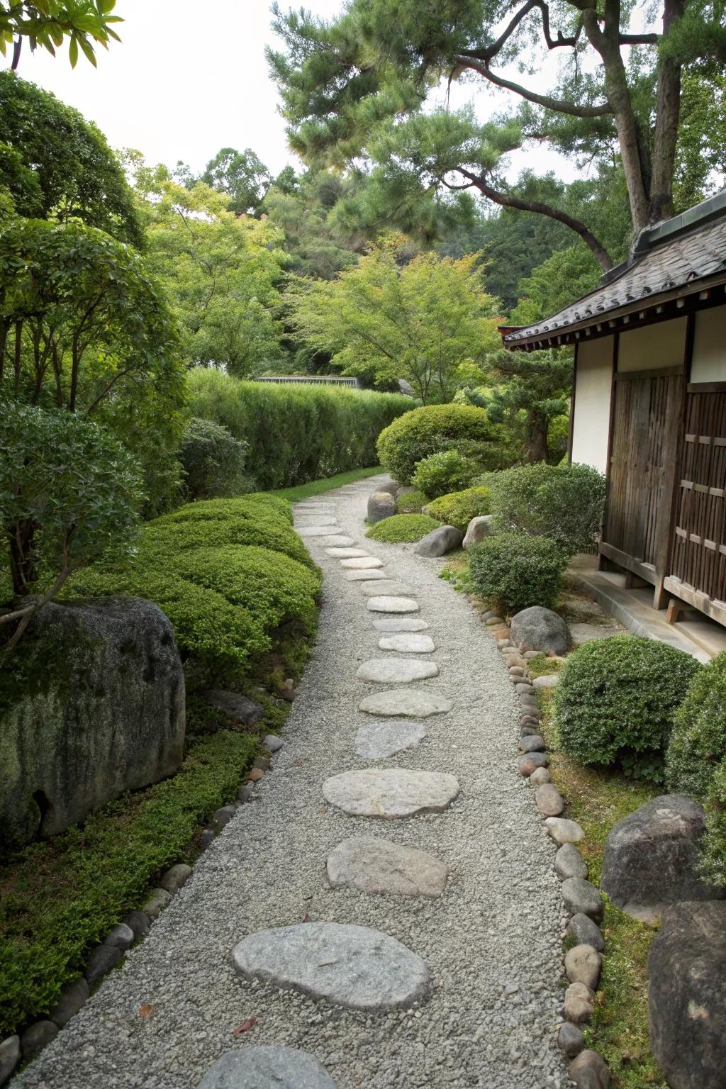 A zen garden path offering a peaceful retreat in the backyard.