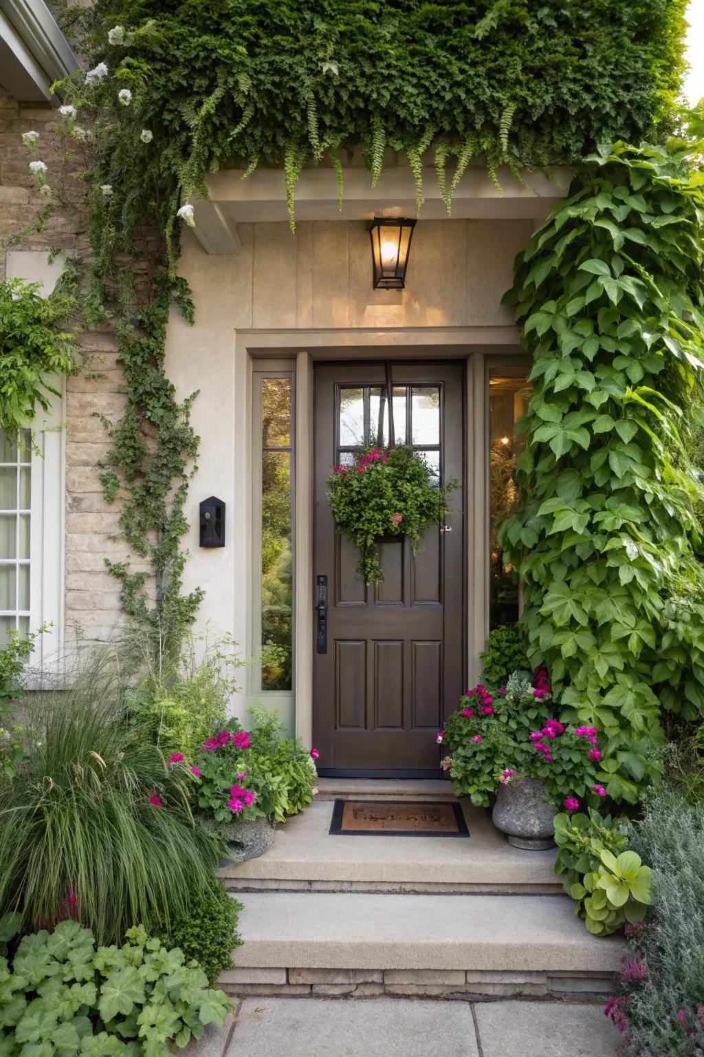 A vertical garden flanking a front door, blending nature with home design.