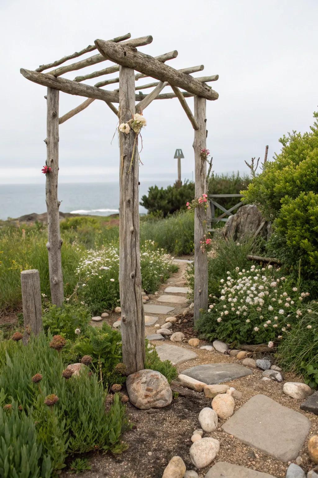 A driftwood arbor brings a touch of the coast to your garden.
