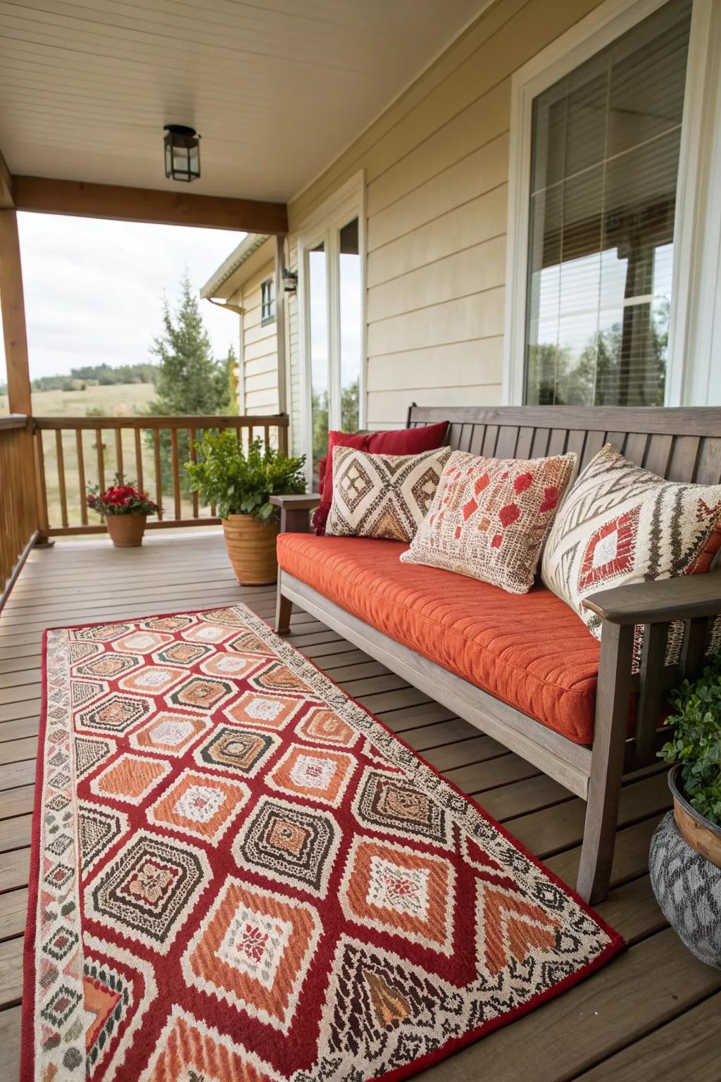 Bold patterns on the porch add visual interest and personality.