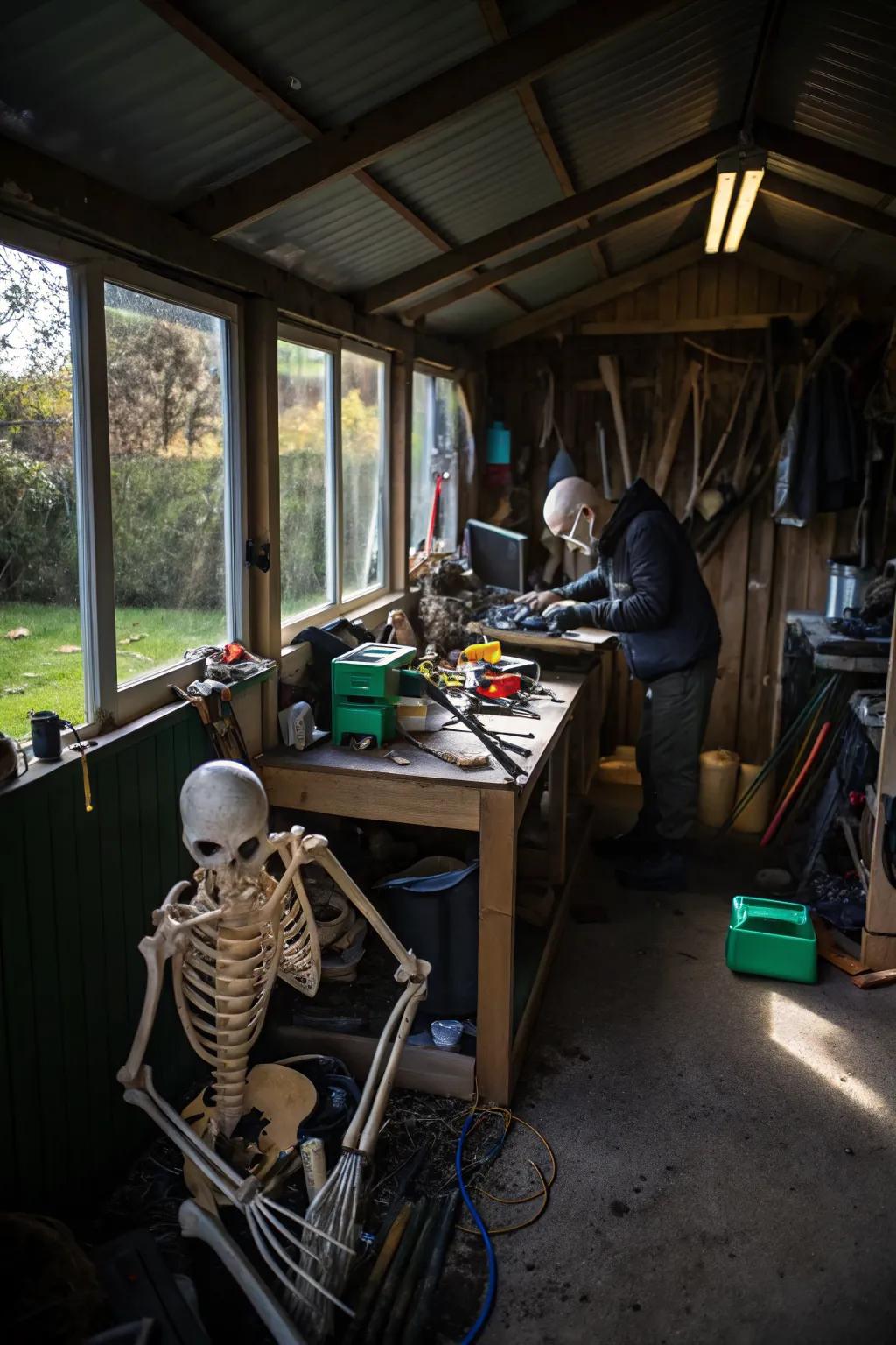 Workshop skeletons busy with projects, offering a unique Halloween display.
