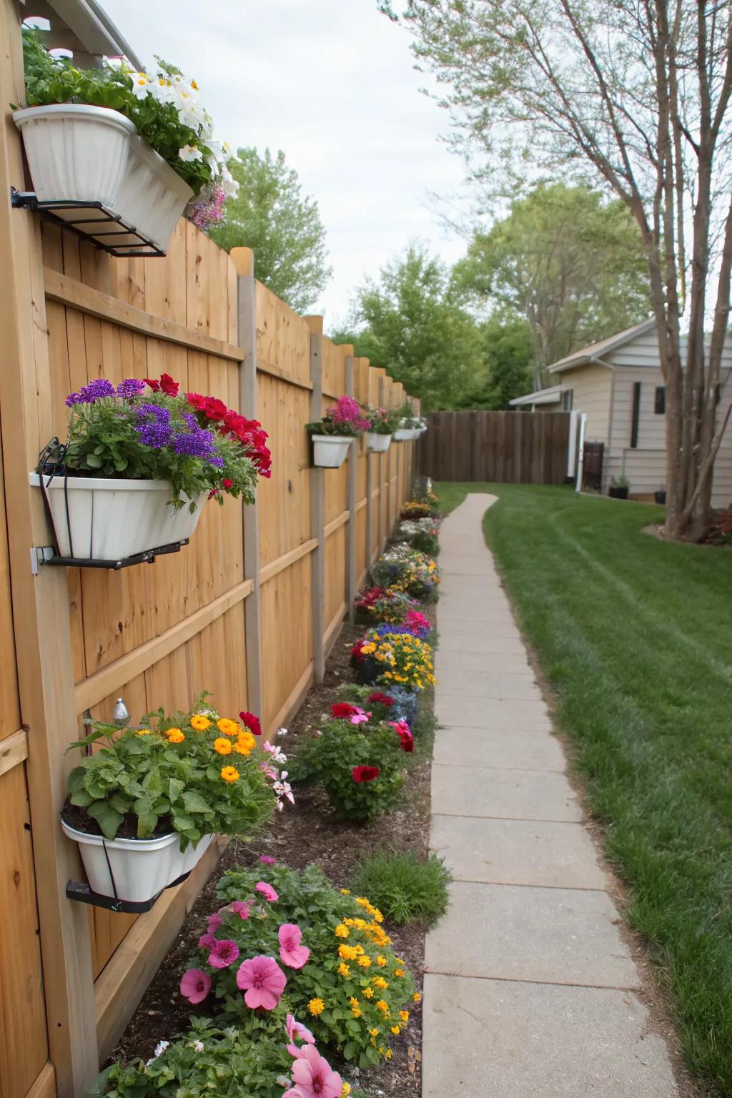 Vertical planters bring vibrant greenery to sloped areas.
