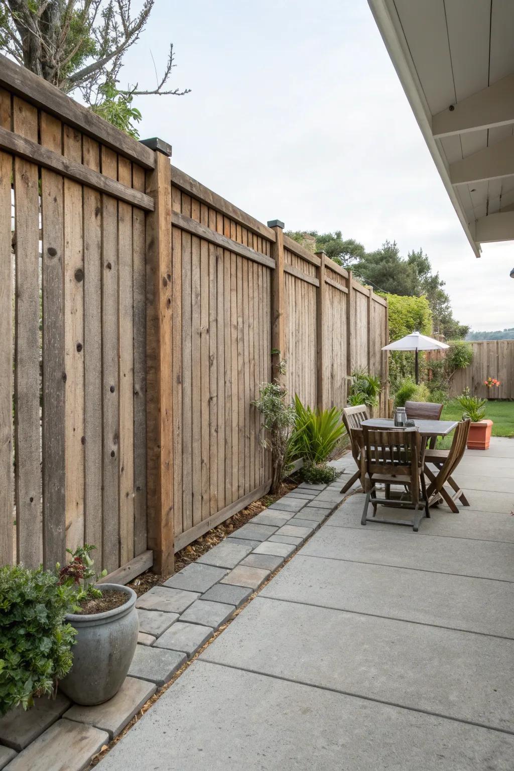 A textured slat fence providing depth and character to an inviting patio.
