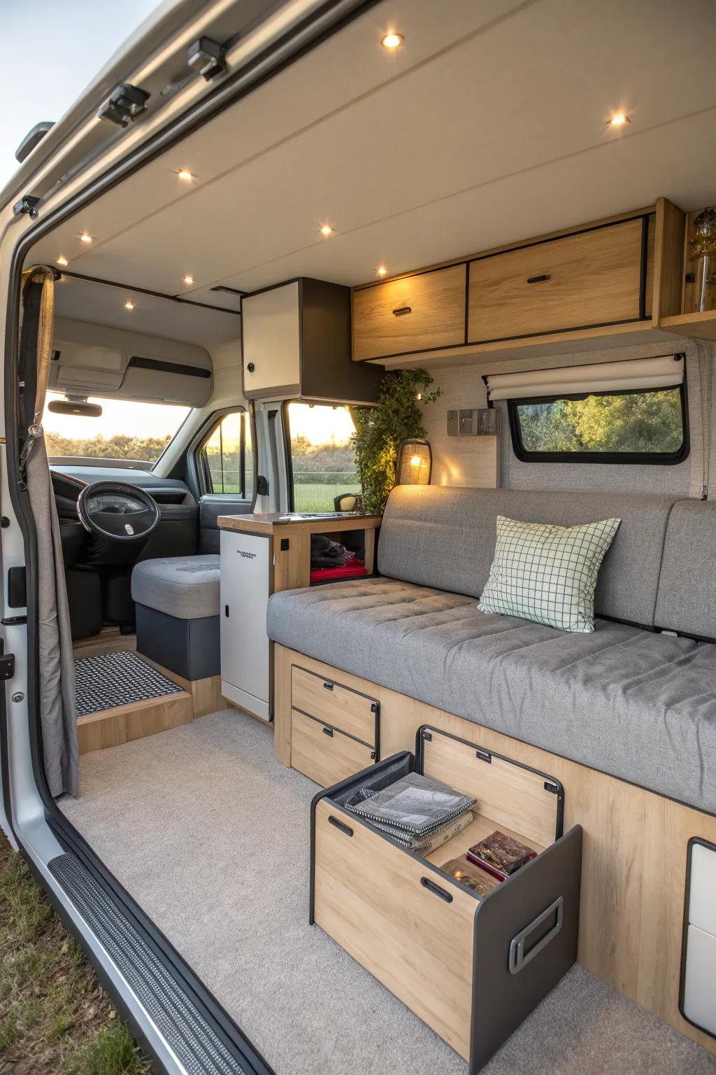 Maximize space with multi-functional camper furniture.