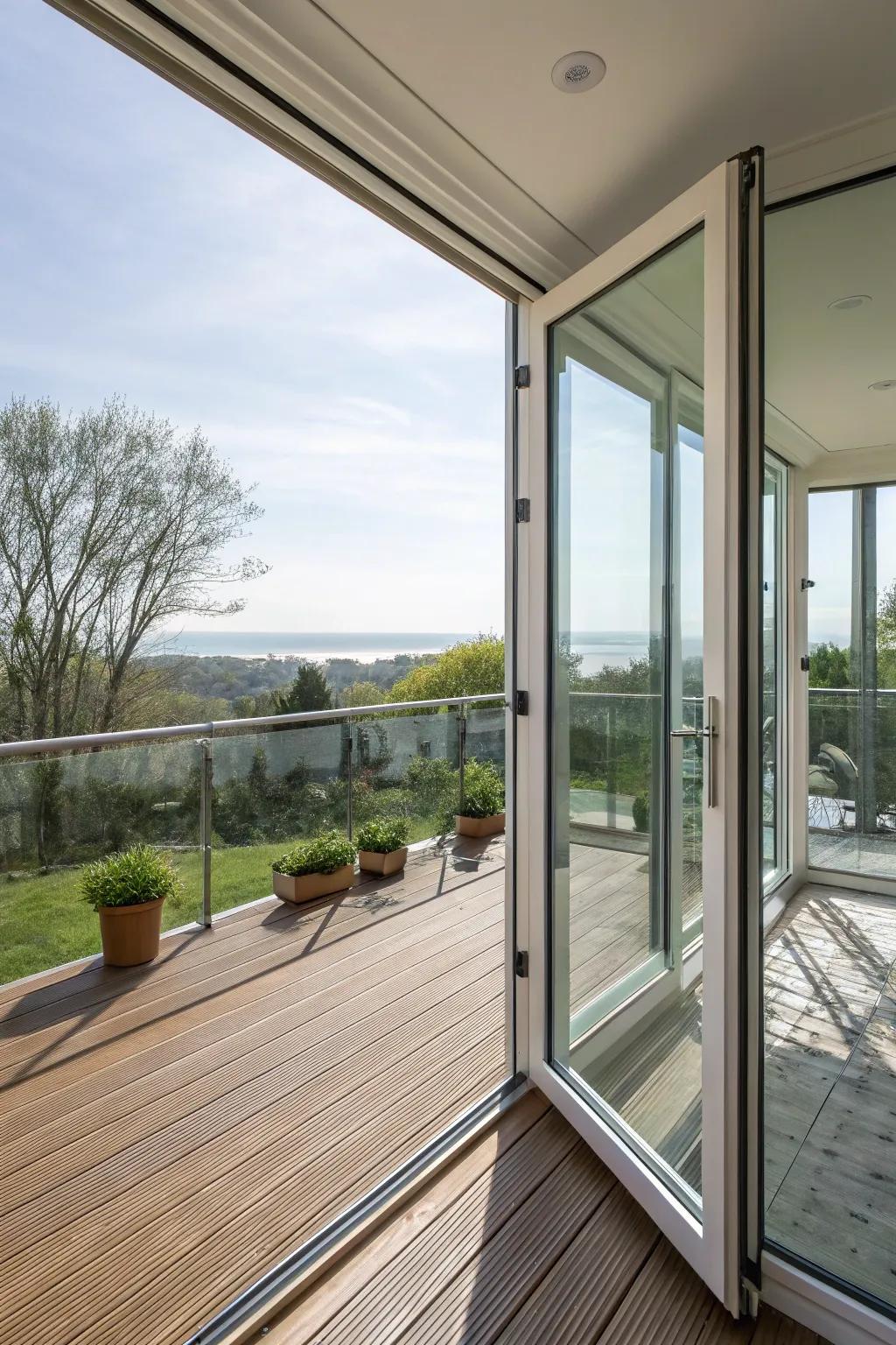 Glass railings on a deck maintain unobstructed views.