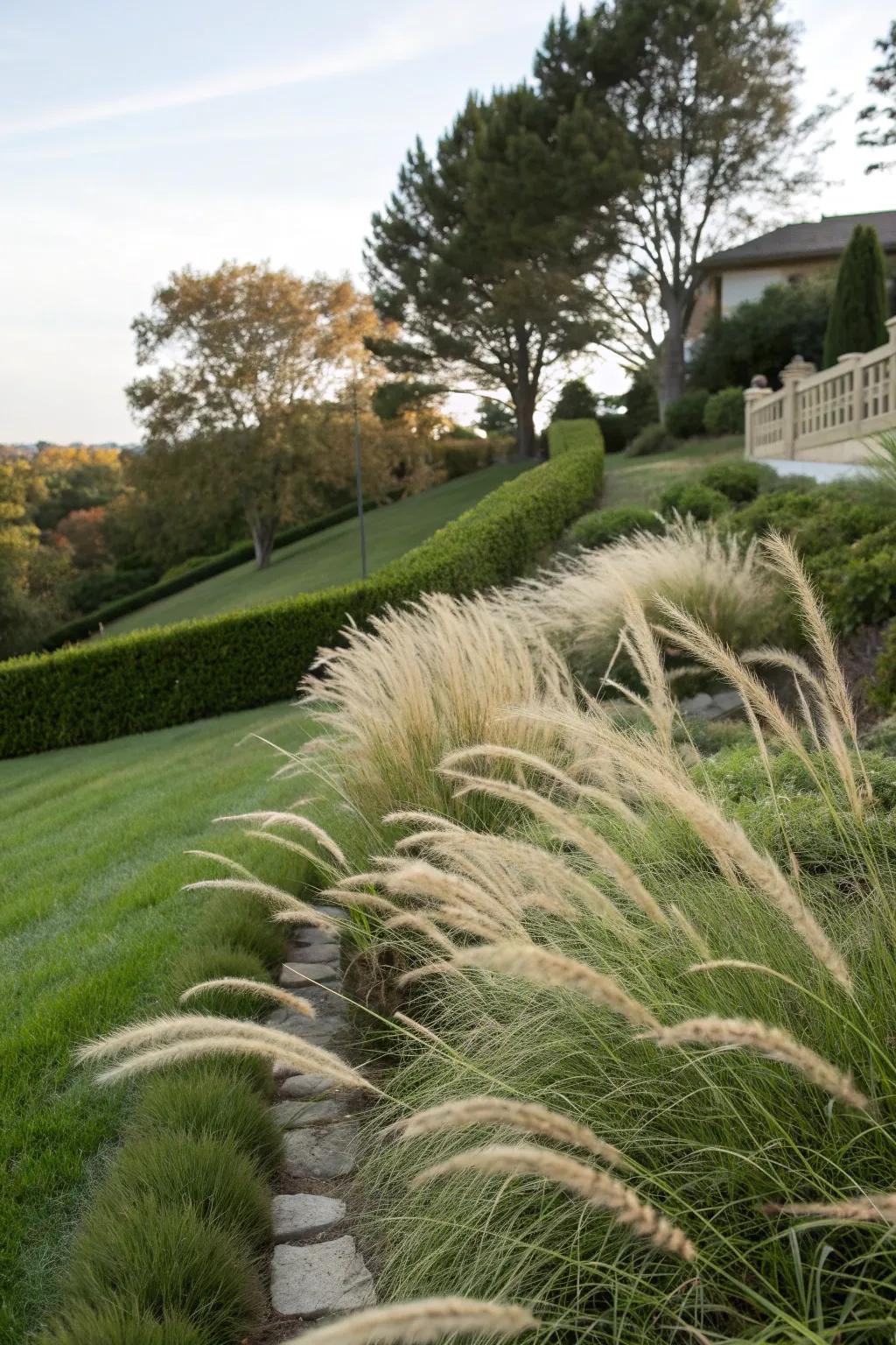 Ornamental grasses add dynamic movement and texture to sloped landscapes.