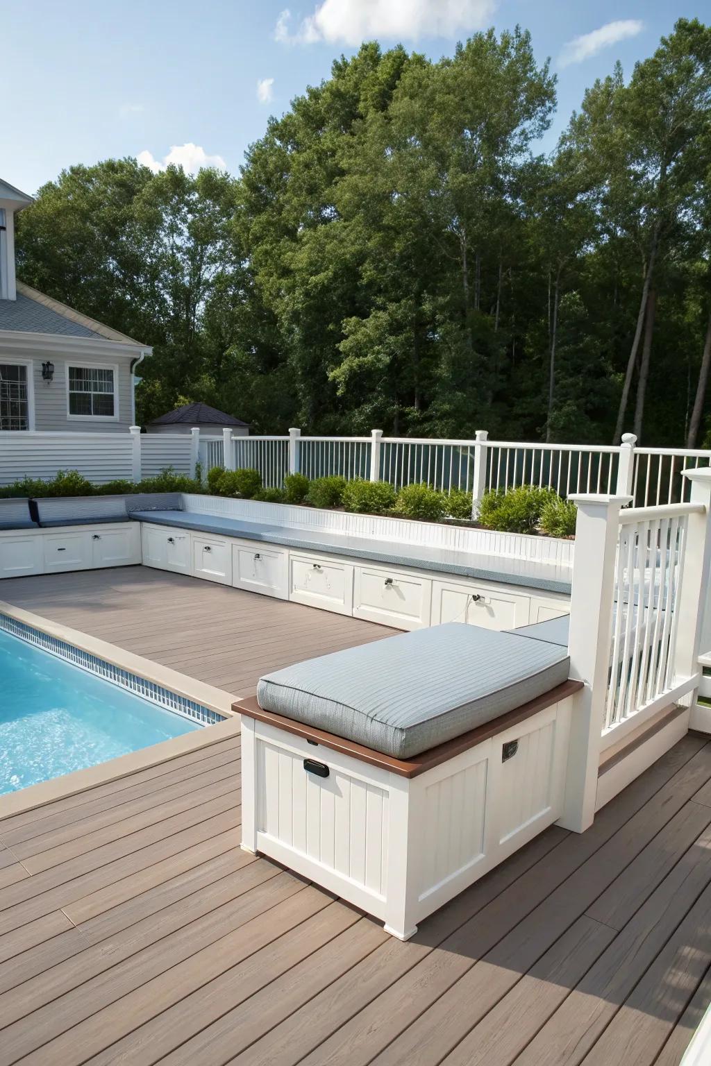 Storage solutions keep pool decks clutter-free and functional.