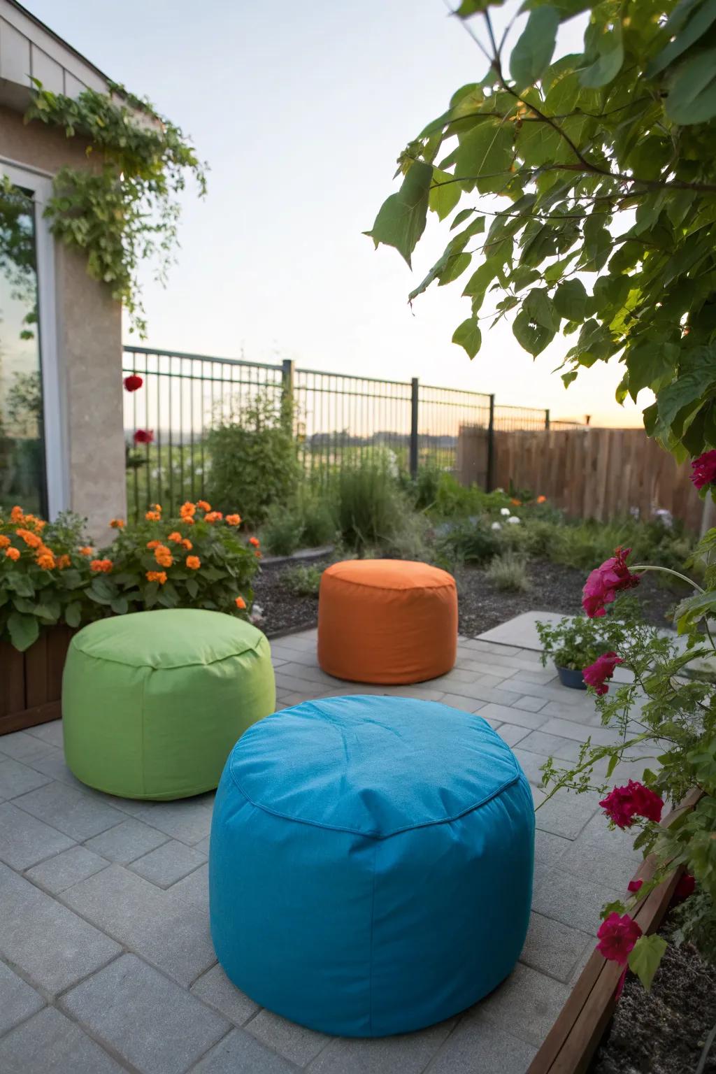 Outdoor poufs offer flexible seating solutions.