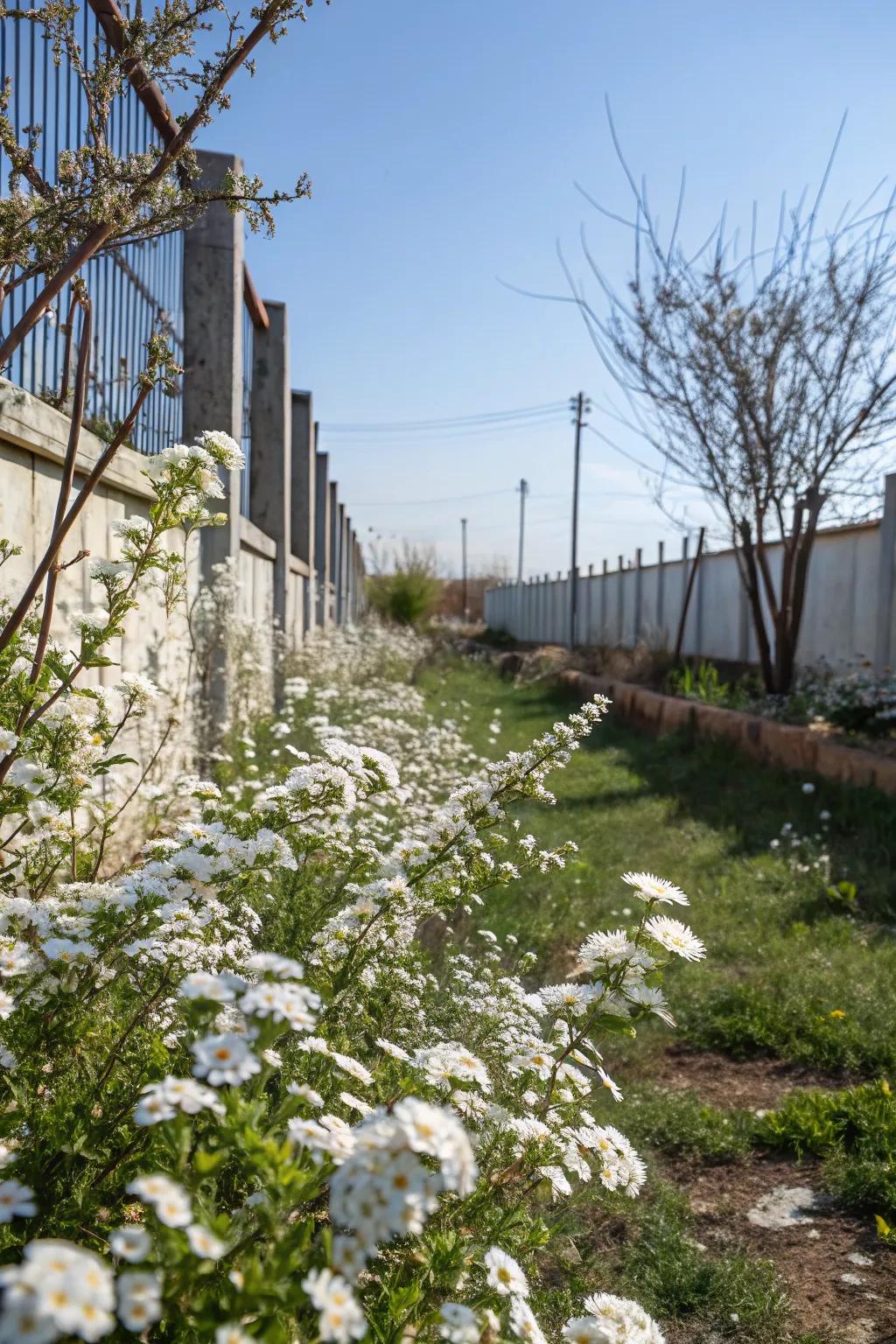 White flowers brighten and expand a small garden space.