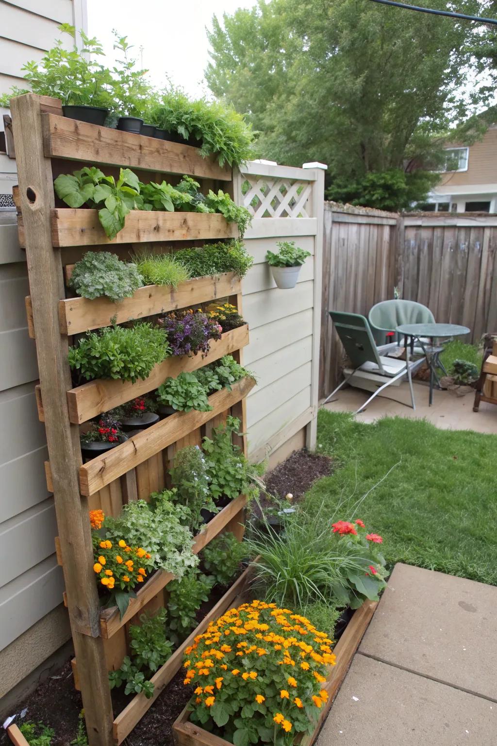 A DIY vertical pallet garden transforms a wall into a green oasis.