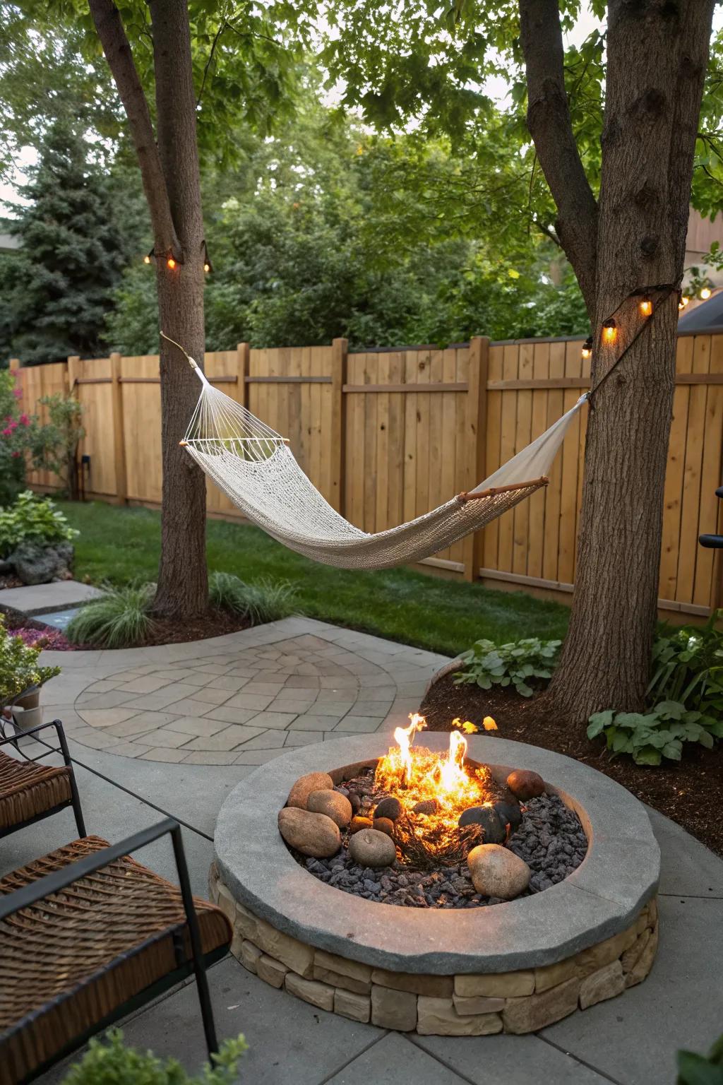 Carefree relaxation with a hammock near the fire pit.