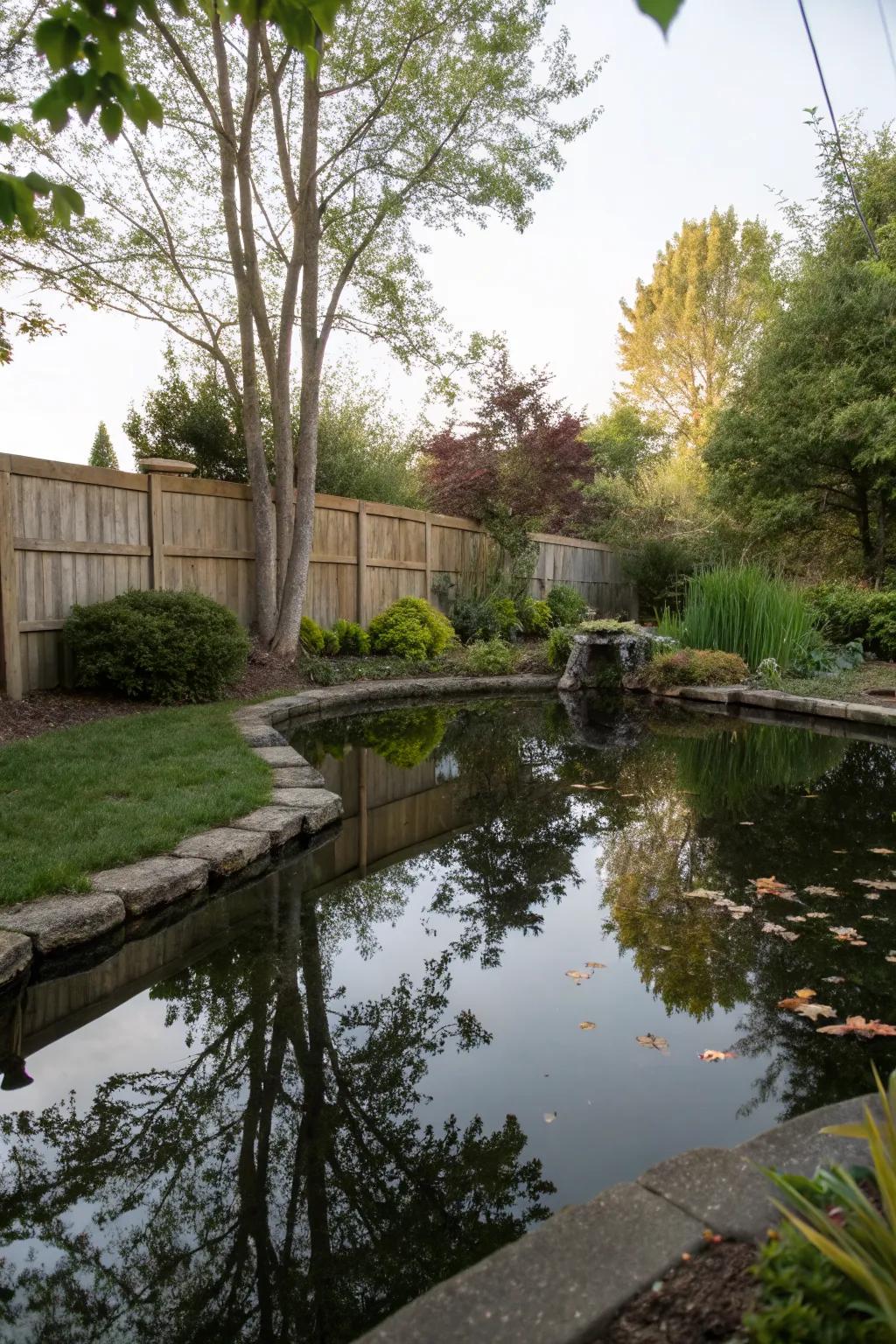 A backyard pond creating a spacious illusion with mirror-like reflections.