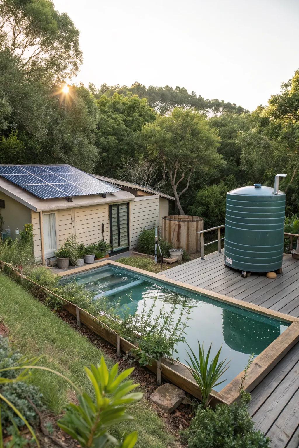 Eco-friendly features like solar panels enhance sustainability in the pool area.