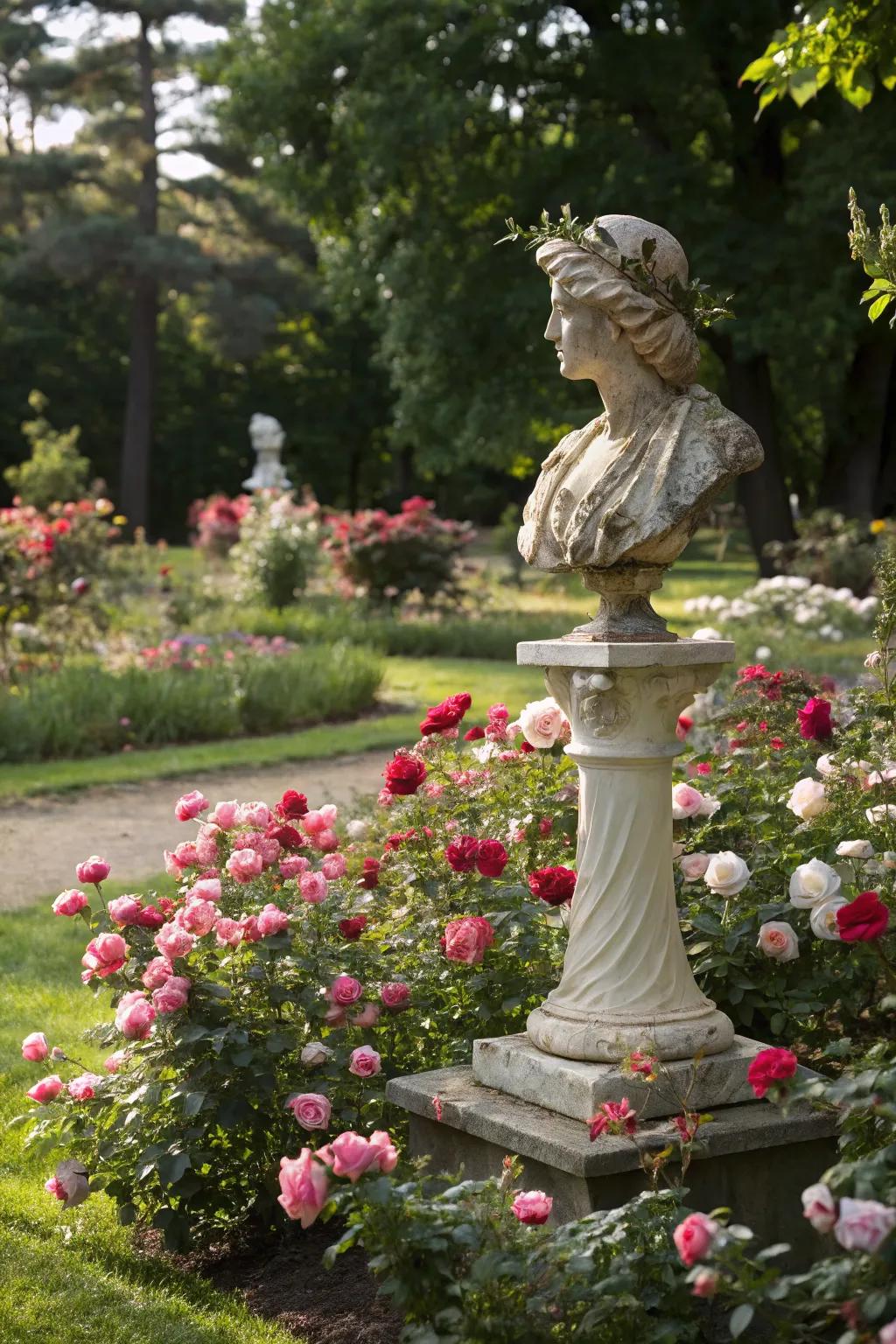 Sculptures add an artistic flair to your rose garden.