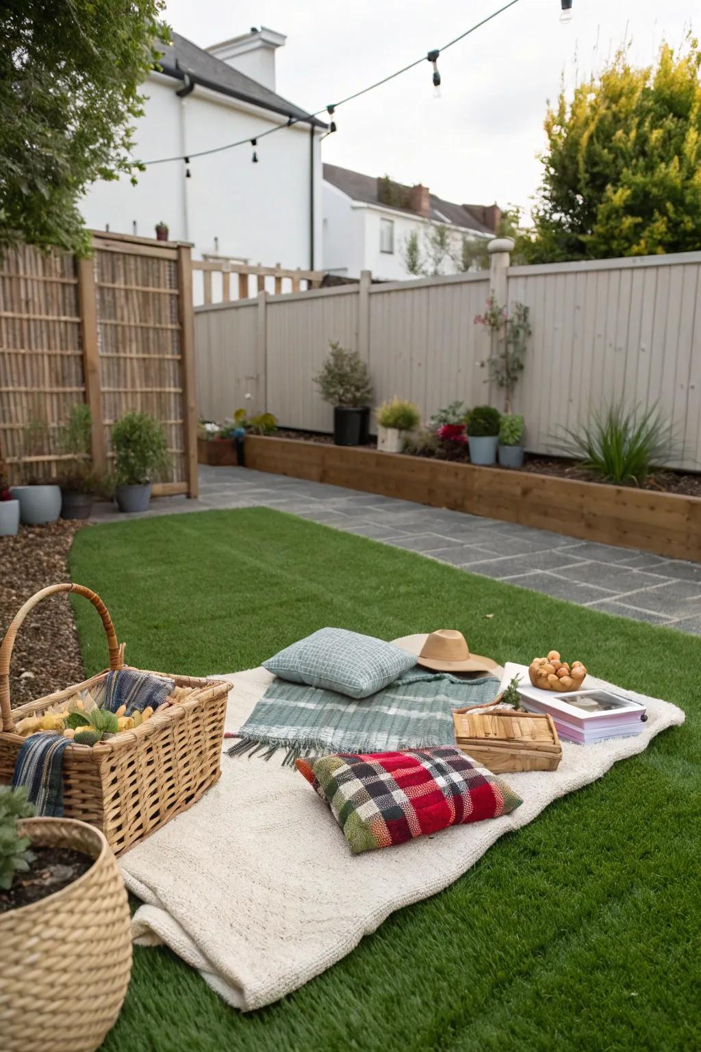 A picnic spot on turf makes outdoor dining a breeze.